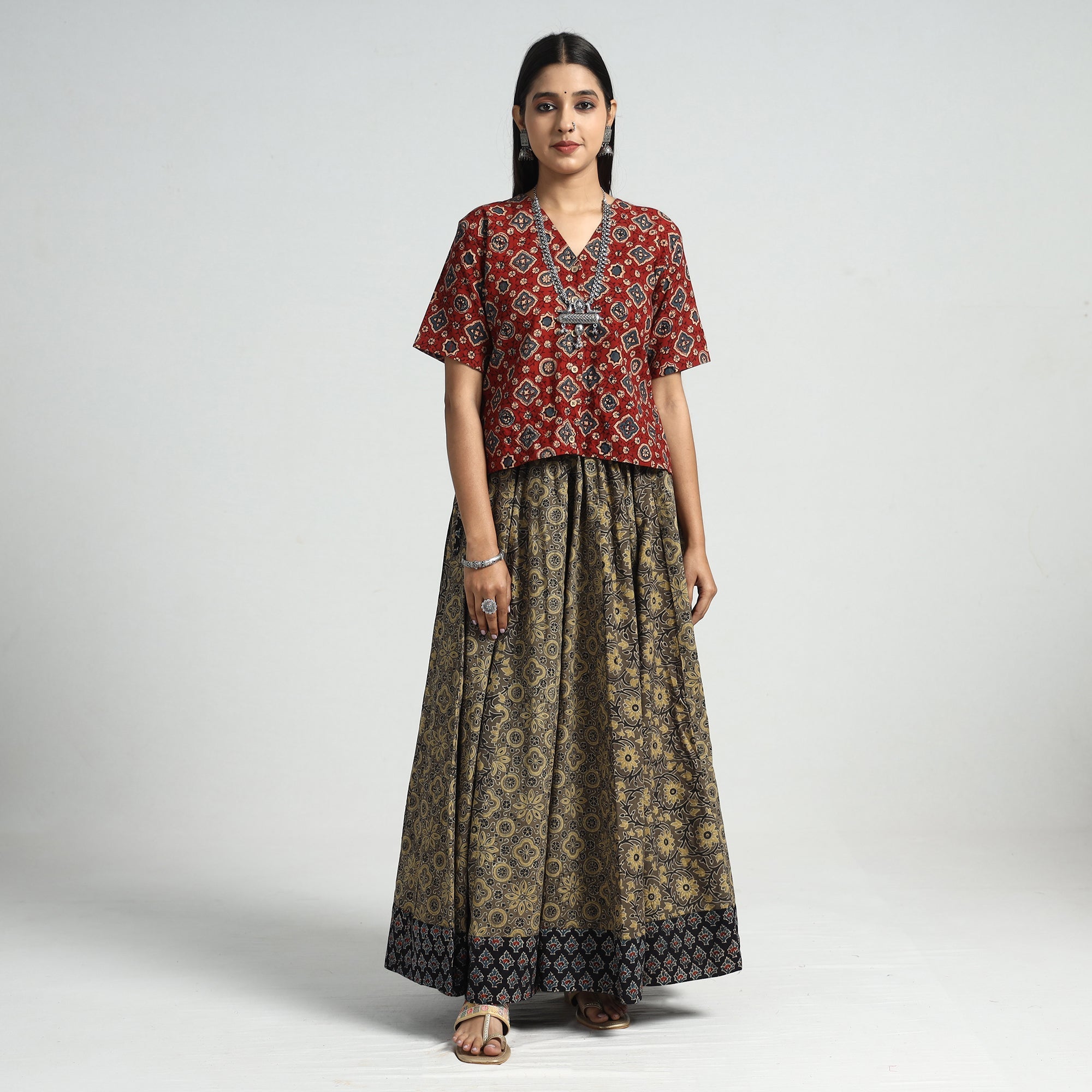 NOORI BAZAR Brown - Ajrakh Block Printed 24 Kali Patchwork Cotton Long Skirt