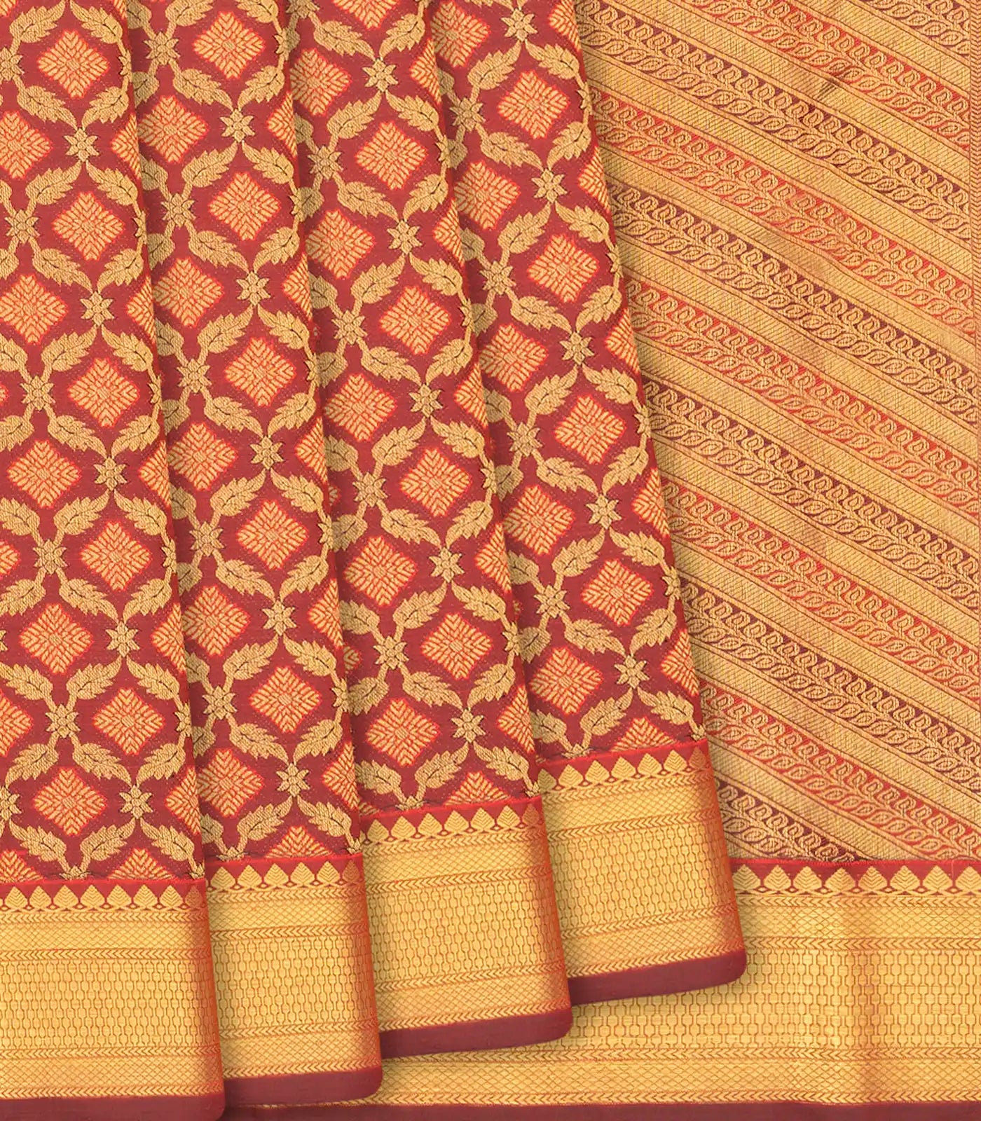 RmKV Maroon Handloom Kanchipuram Silk Saree With Floral Jaal Motifs-Maroon