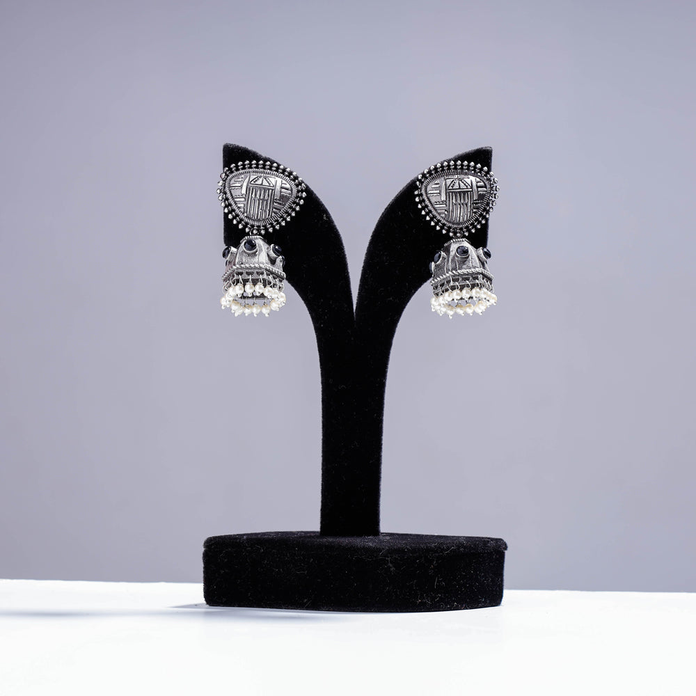WHITE RIVER STORIES Antique Silver Finish Oxidised Brass Base Jhumki Earrings