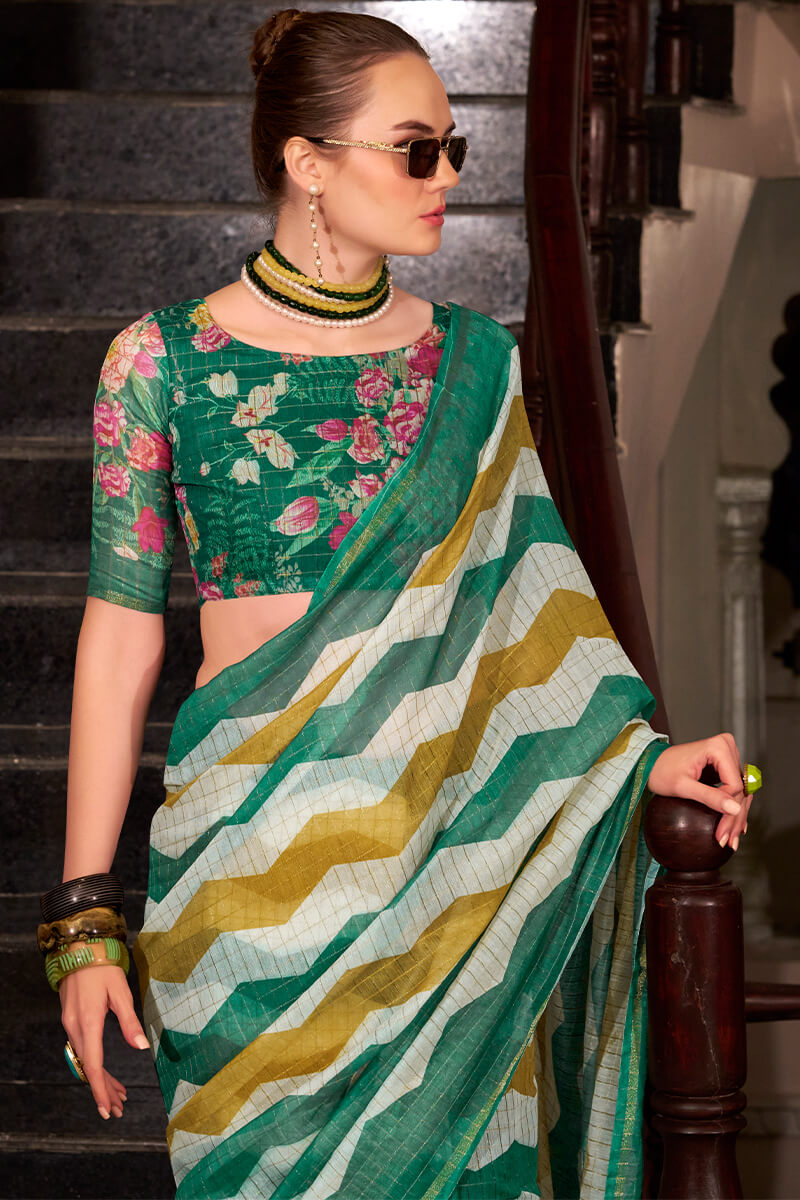 Rajpath Ratatouille Green and Mustard Digital Printed Cotton Silk Saree With Engaging Blouse Piece - view 4