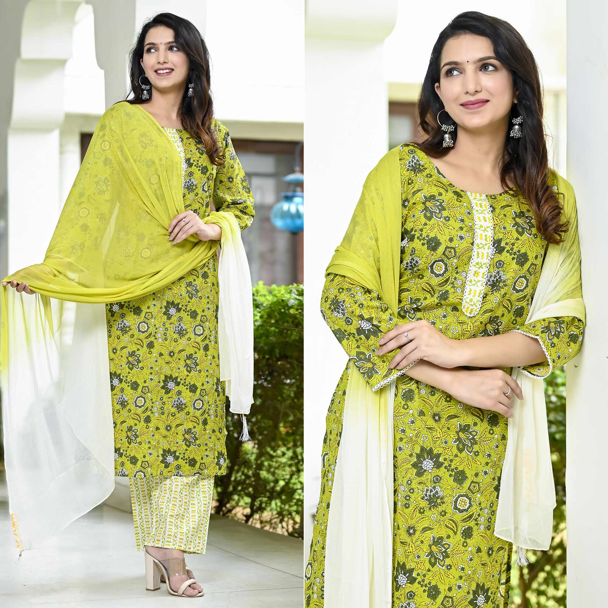 Peachmode Lemon Green Floral Printed Pure Cotton Suit