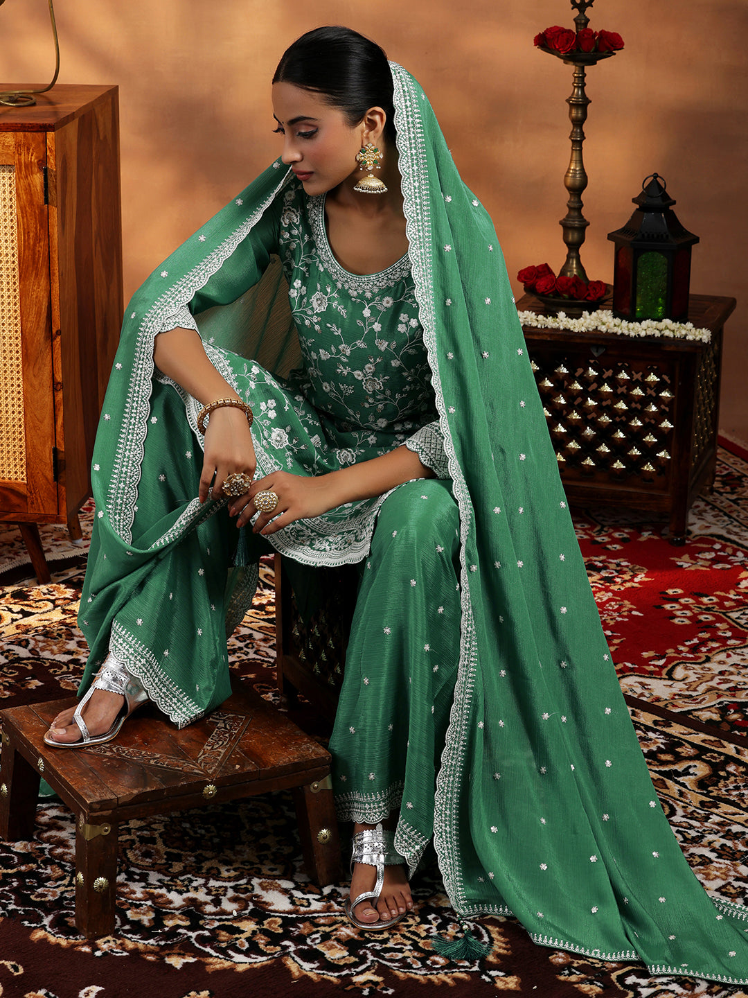 Libas Green Embroidered Silk Blend Straight Suit With Dupatta