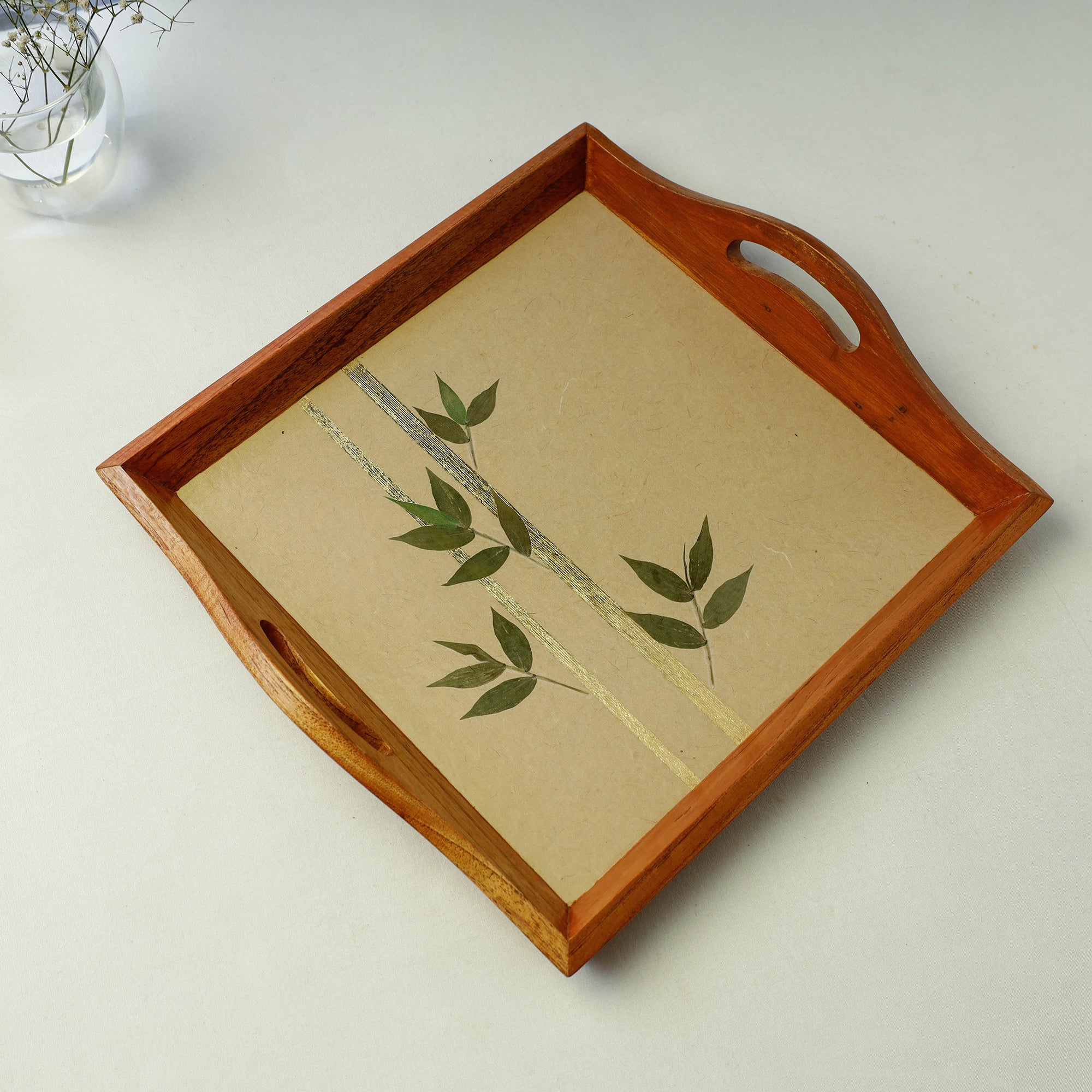 SHRADHANJALI - AN AUROVILLE UNIT Beige - Bamboo Art Work Square Wooden Tray with Handles (12 x 12 x 1 in) - view 2