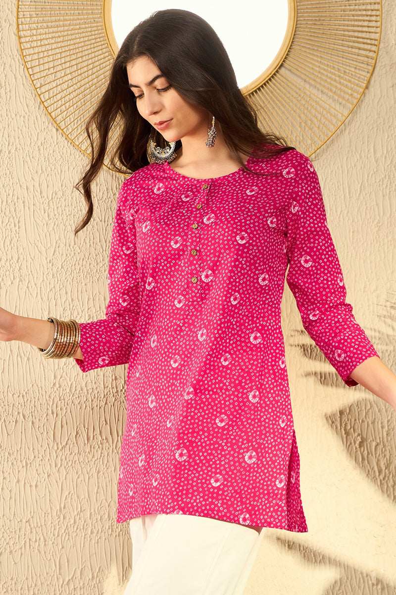Ahika Pink Cotton Blend Bandhani Printed Regular Tunic VT1289 - view 4
