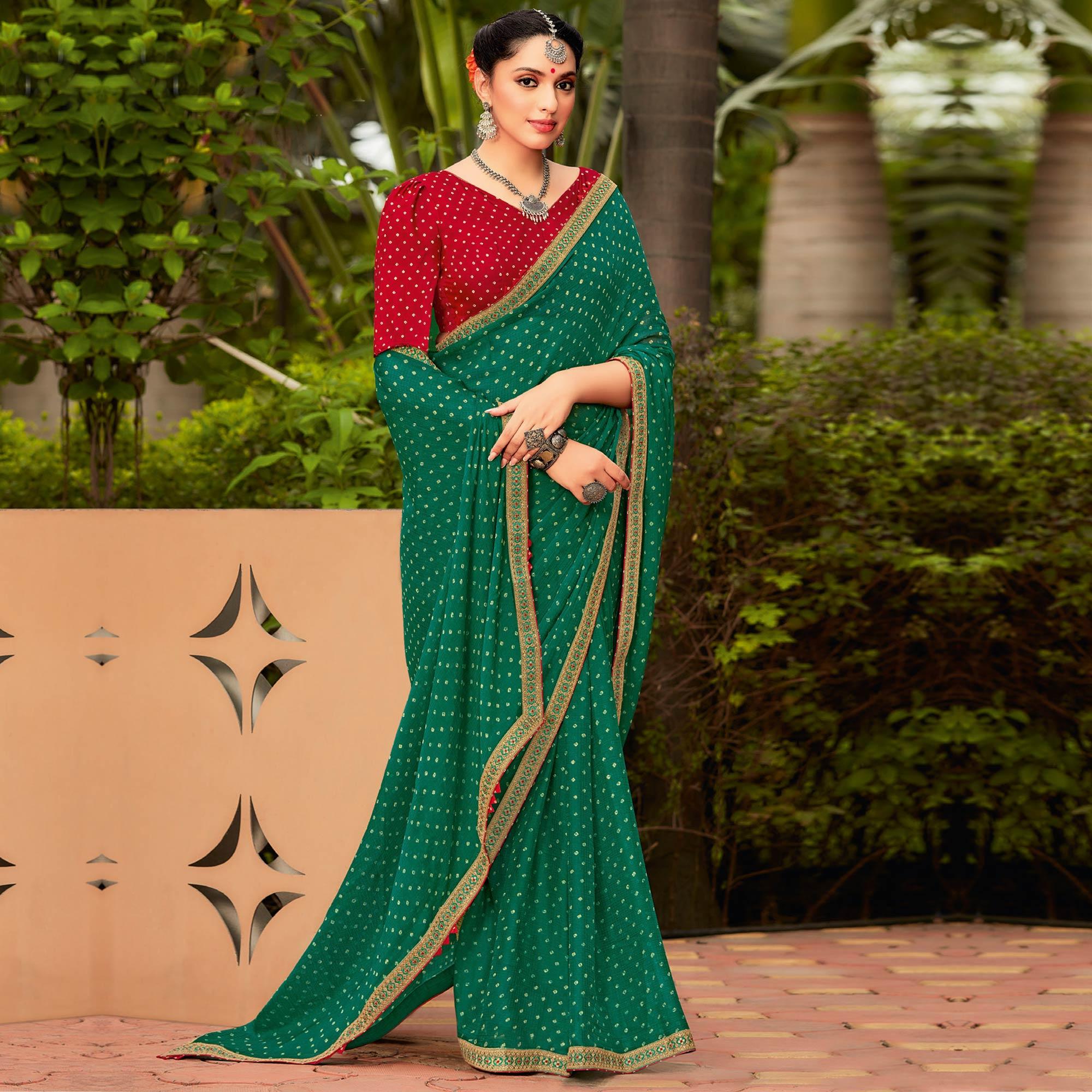 Peachmode Dark Sea Green Partywear Dot Printed Chiffon Saree With Border