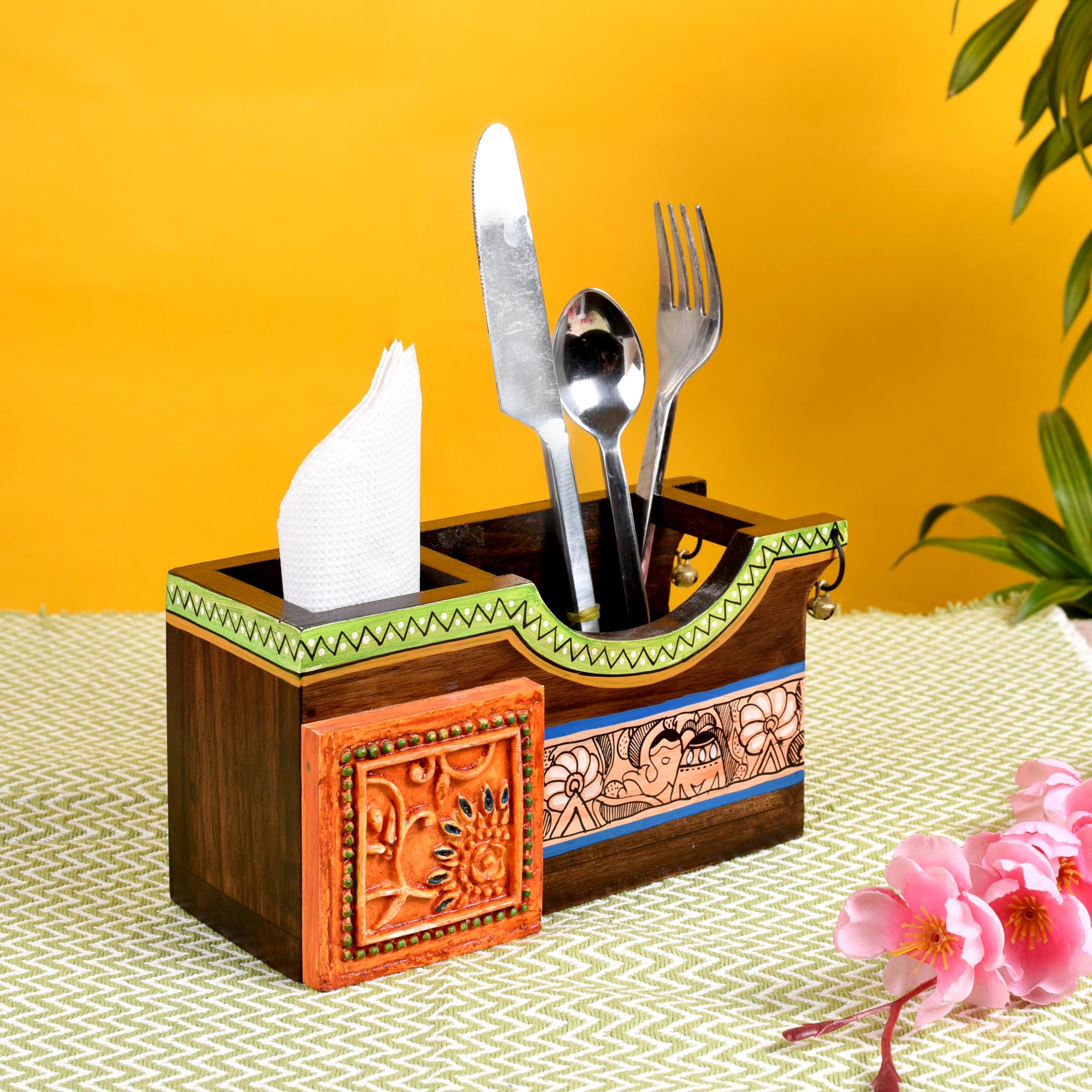 ART CREATIONS BY SUMAN SONTHALIA Brown - Cutlery Holder Handcrafted in Wood with Madhubani Art (8x3.5x4")