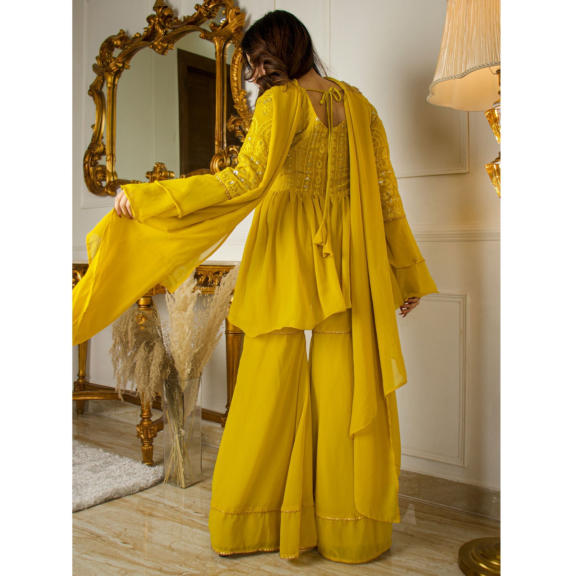 Peachmode Seller Lemon Yellow Sequins Embroidered Georgette Sharara Suit - view 9