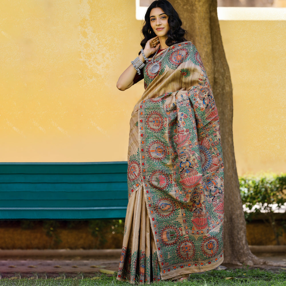 DIORAMA DESIGNS Brown - Madhubani Hand-Painted Durga Incarnations Tussar Ghicha Silk Saree