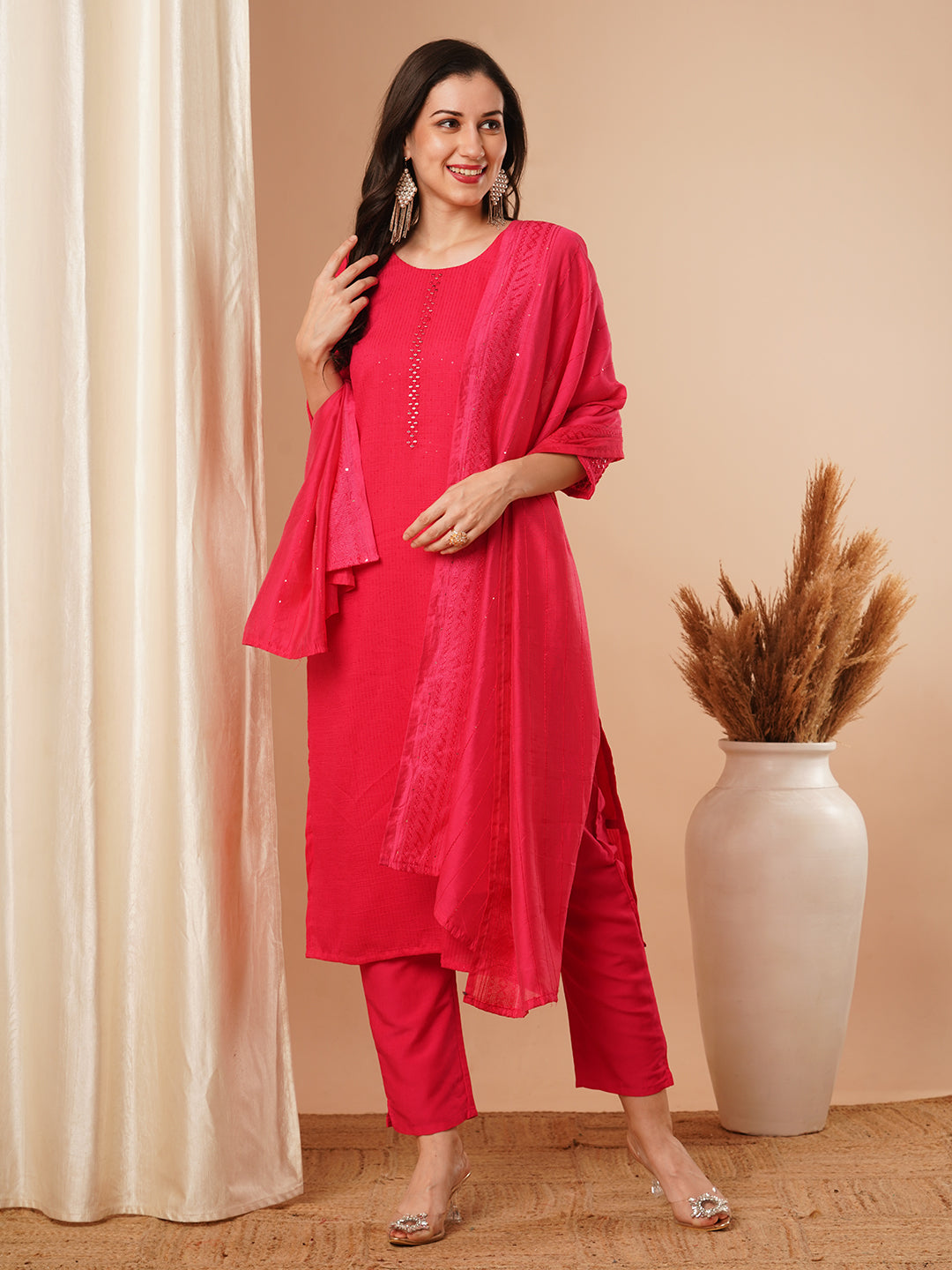 FASHOR Solid Mirror Embroidered Straight Fit Kurta with Pant & Dupatta - Pink