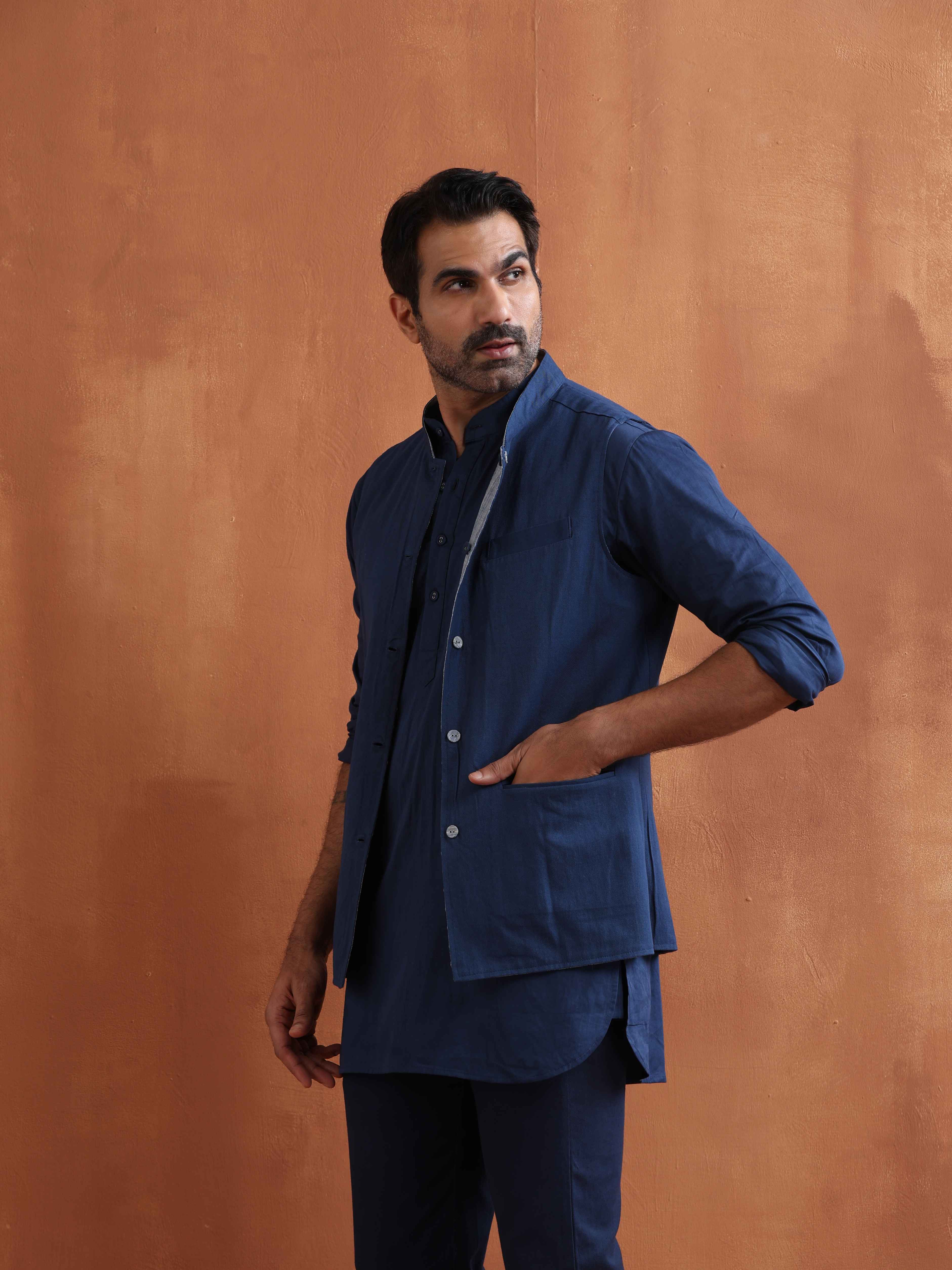 trueBrowns Men's Blue Chanderi Reversible Nehru Jacket - view 4