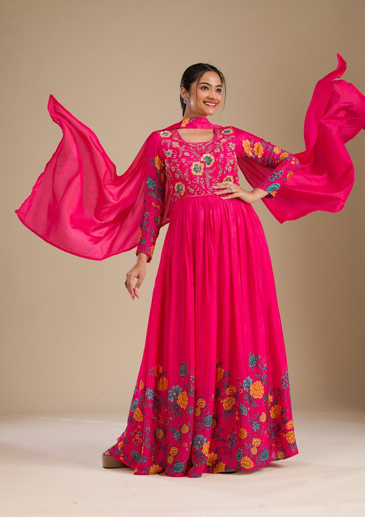 Koskii Rani Pink Zariwork Semi Crepe Readymade Salwar Suit
