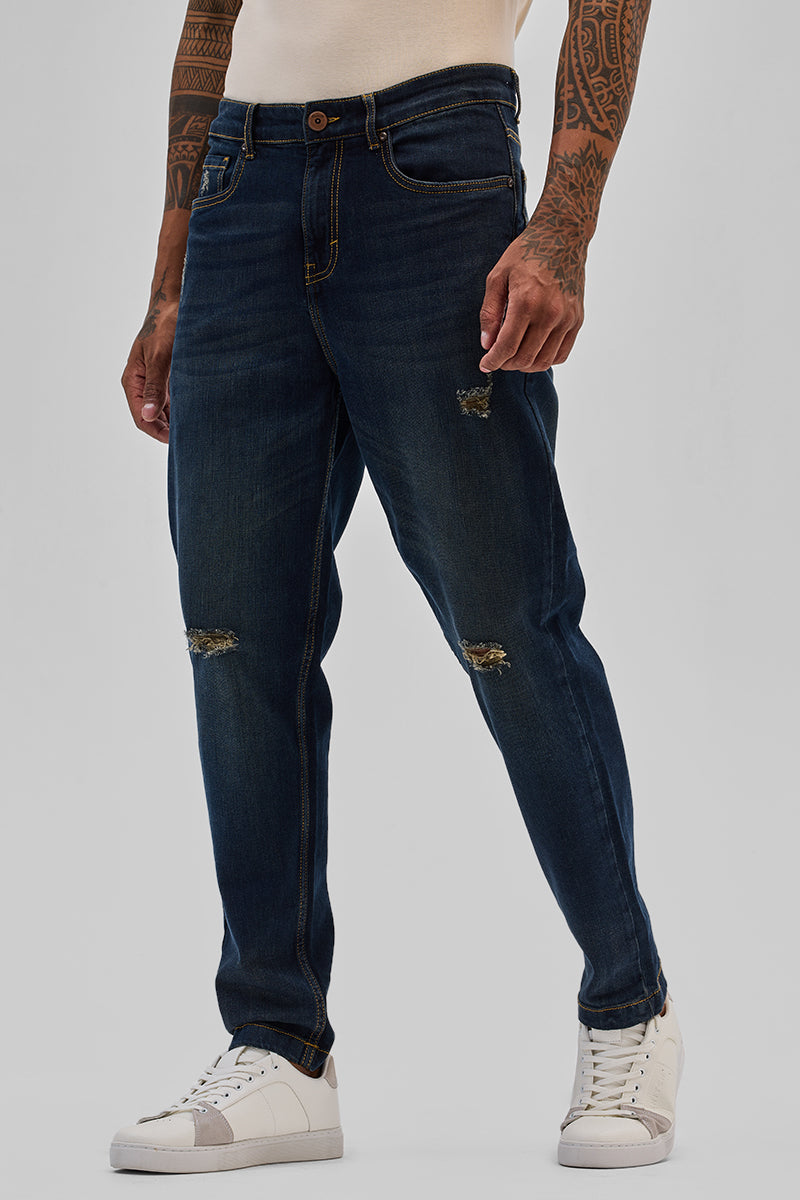 SNITCH Navy Distressed Slim Fit Jeans