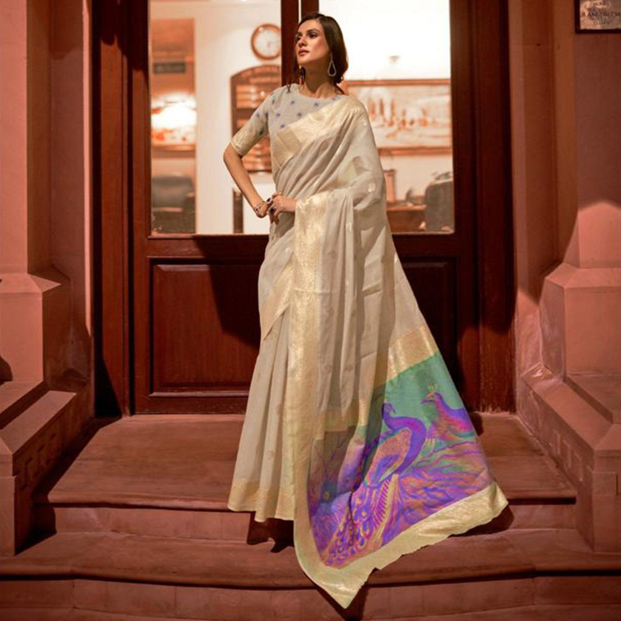 Peachmode Cream Partywear Woven Silk Saree – Women's