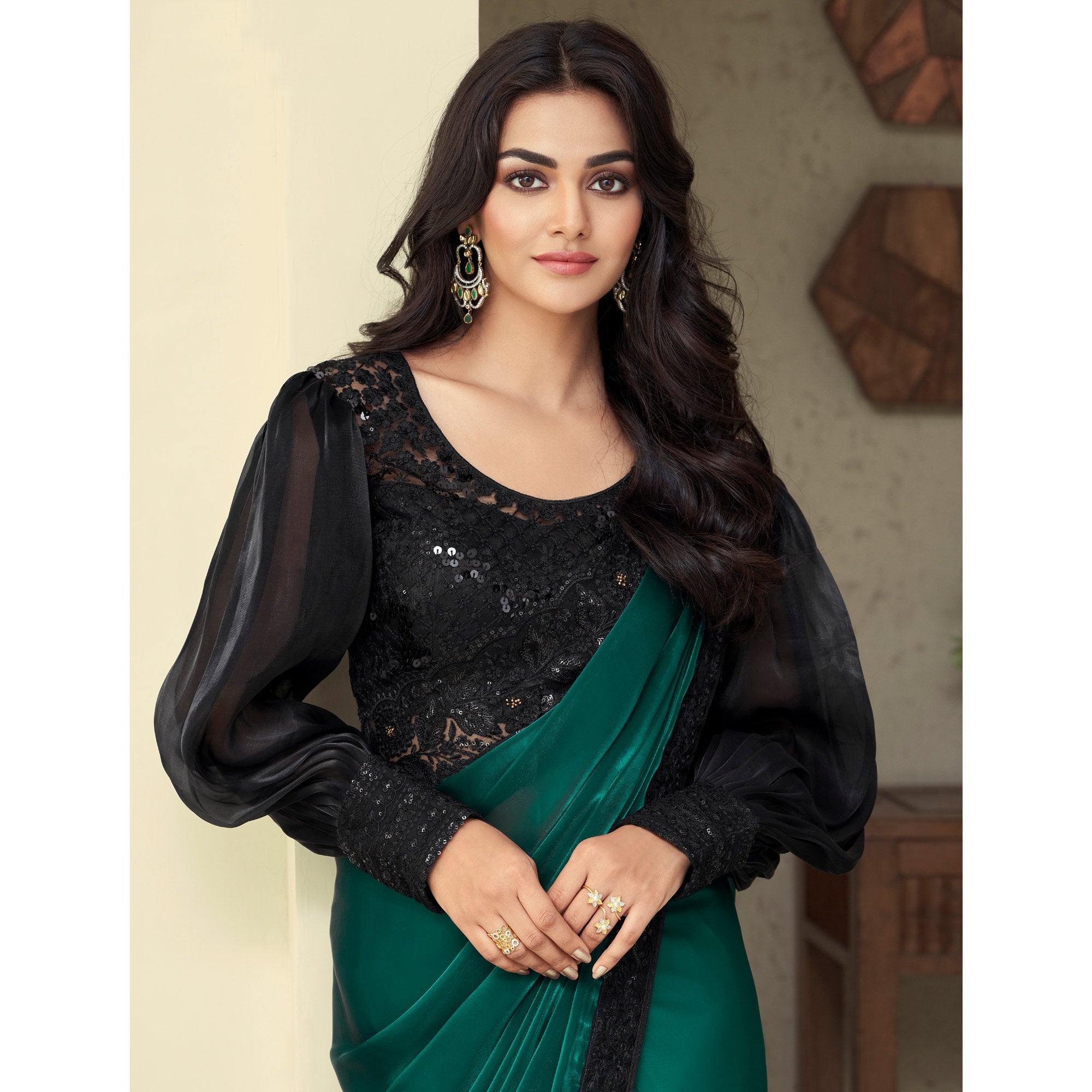 Peachmode Bottle Green Sequins Embroidered Georgette Saree - view 4