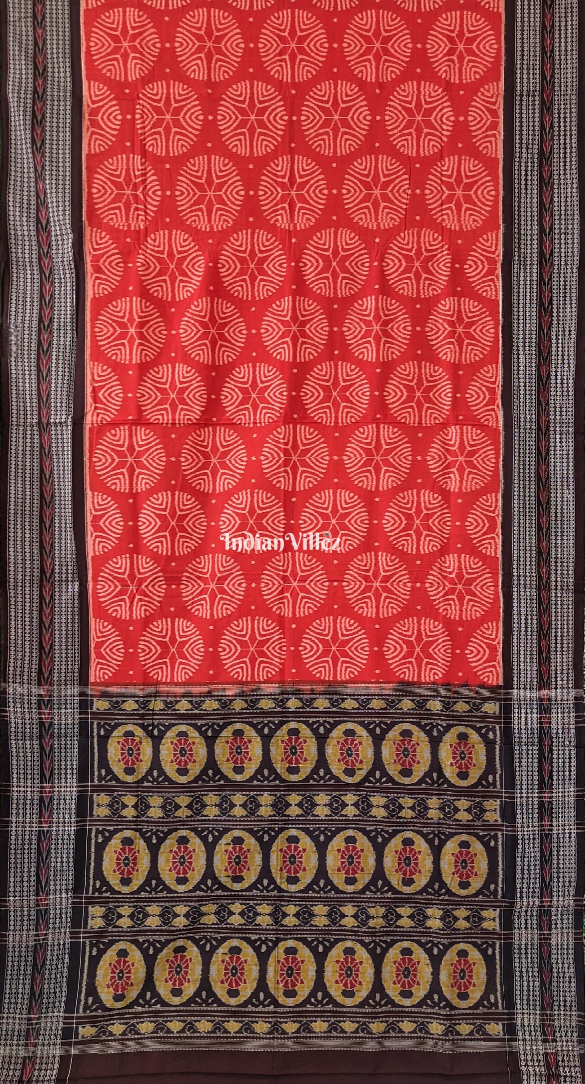 IndianVillèz Orange Pure Sambalpuri Ikat Cotton Saree