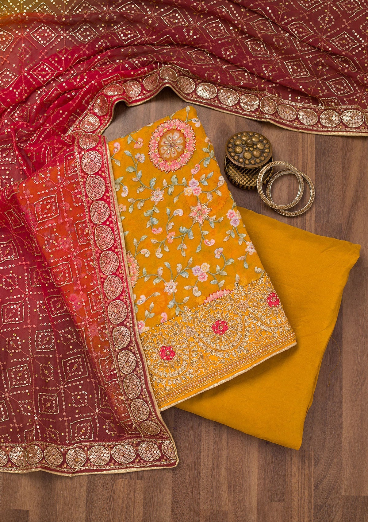 Koskii Mustard Threadwork Semi Crepe Unstitched Salwar Suit