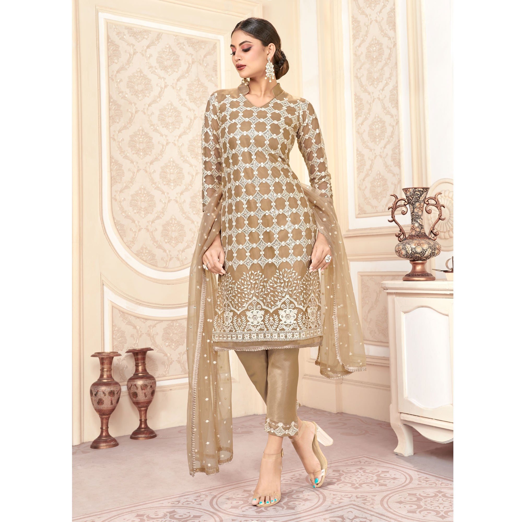 Peachmode Brown Sequins Embroidered Net Semi Stitched Suit - view 4