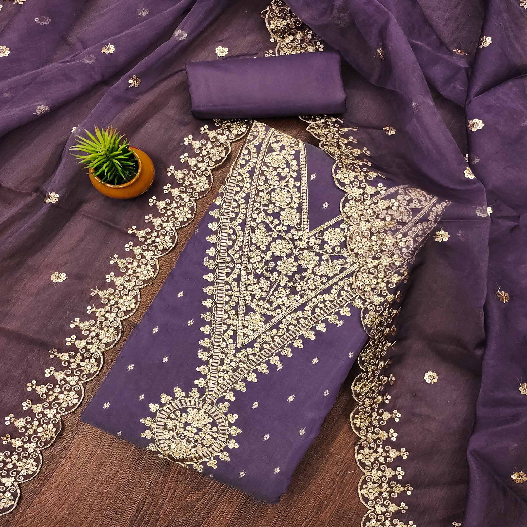 Peachmode Purple Sequins Embroidered With Woven Chanderi Dress Material