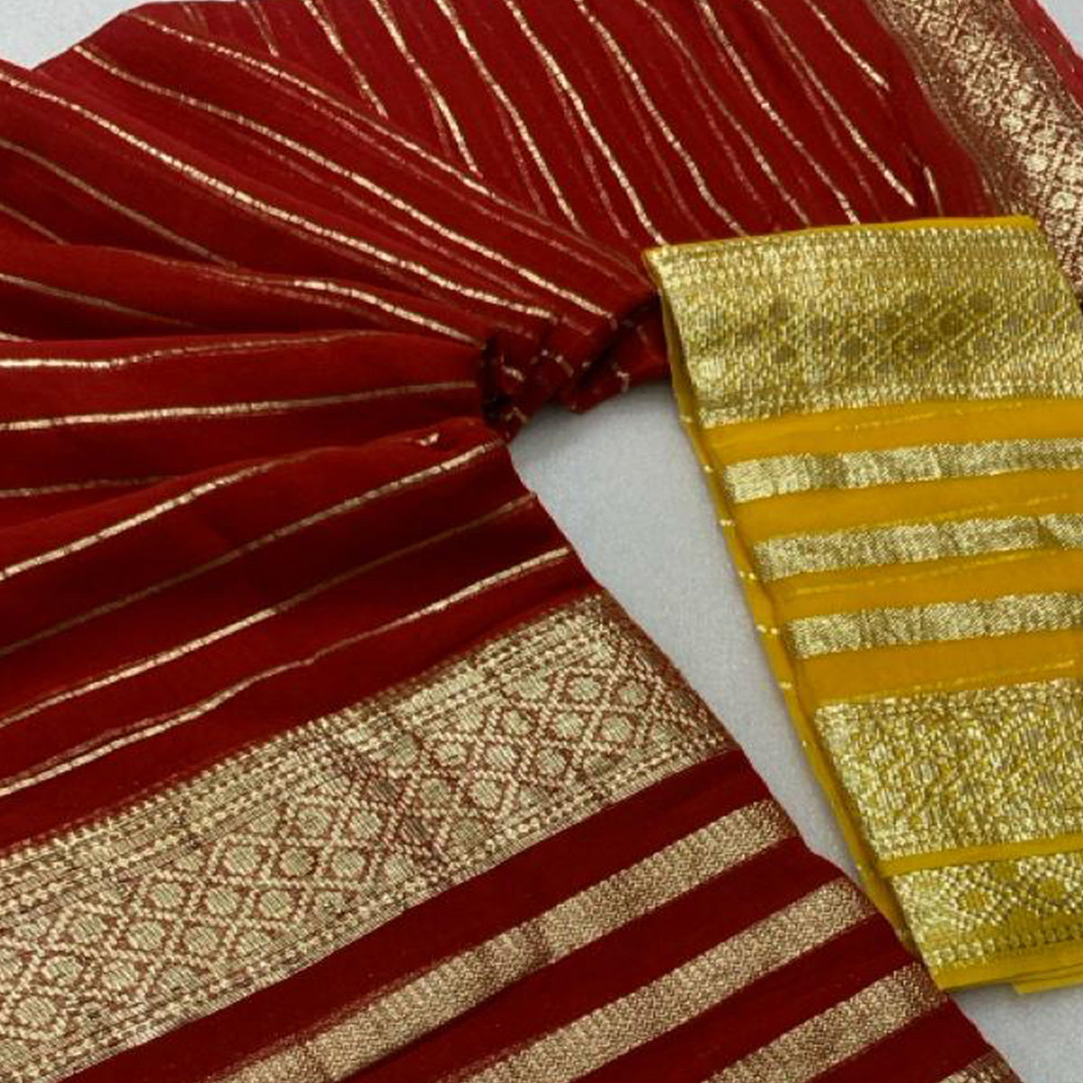 Peachmode Dark Red Striped Zari Woven Viscose Saree - view 2