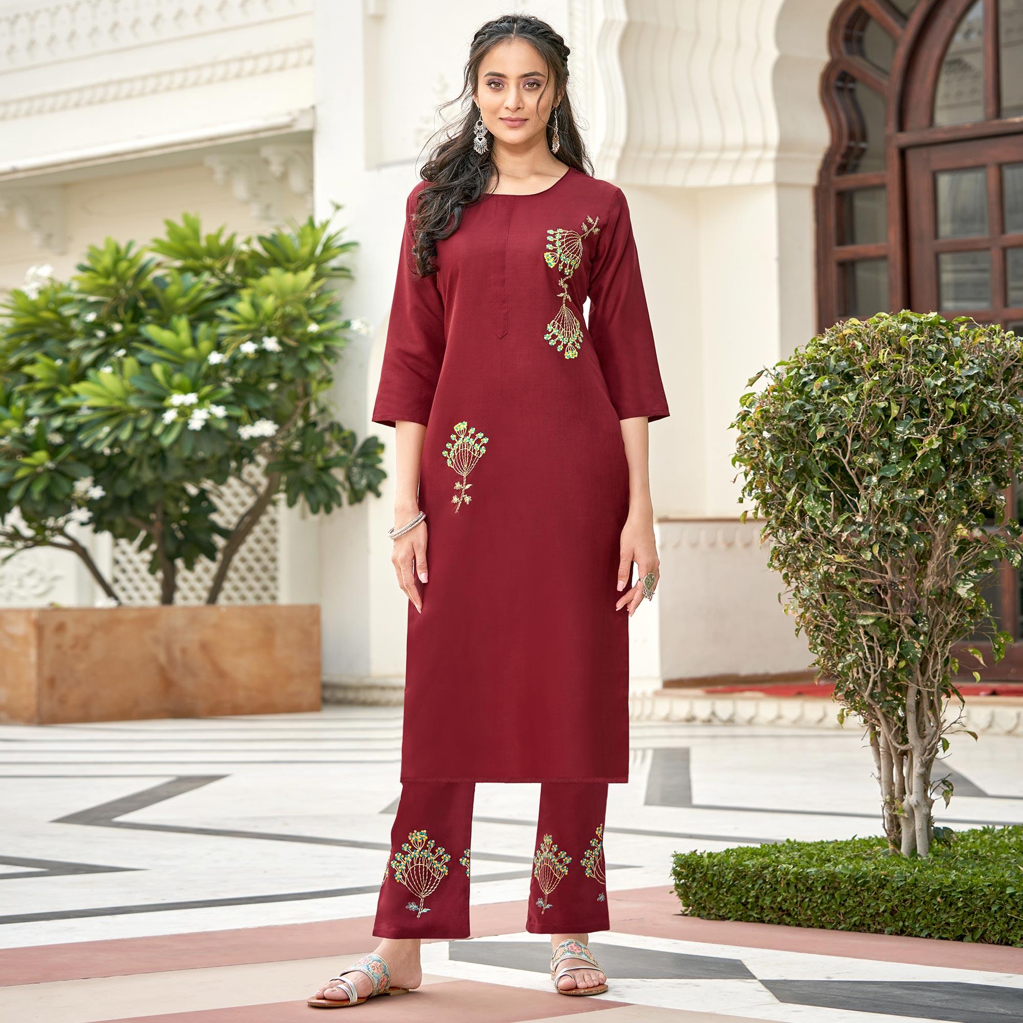 Peachmode Seller Captivating Maroon Colored Partywear Embroidered Cotton Slub Kurti Palazzo Set