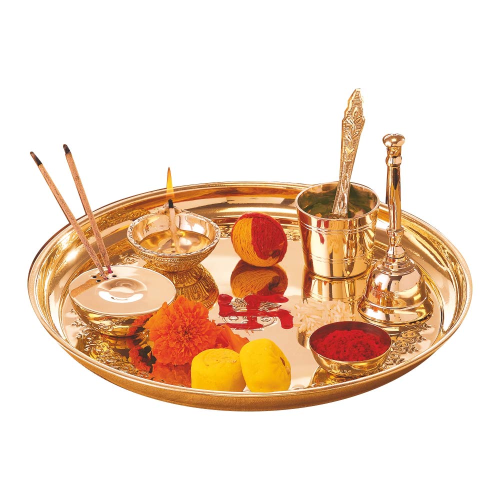 Borosil Brass Puja Thali Set | Aarti Thali for Mandir | Pooja Thali with Diya, Aggarbati Stand, Spoon, Glass, Bowl, and Bell | Decorative Puja Plate | - view 9
