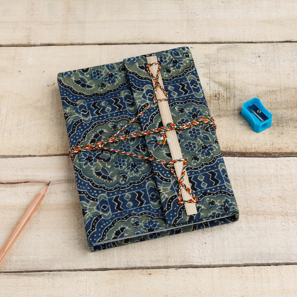 TARAGRAM Blue - Ajrakh Fabric Cover Handmade Paper Notebook with Thread Lock