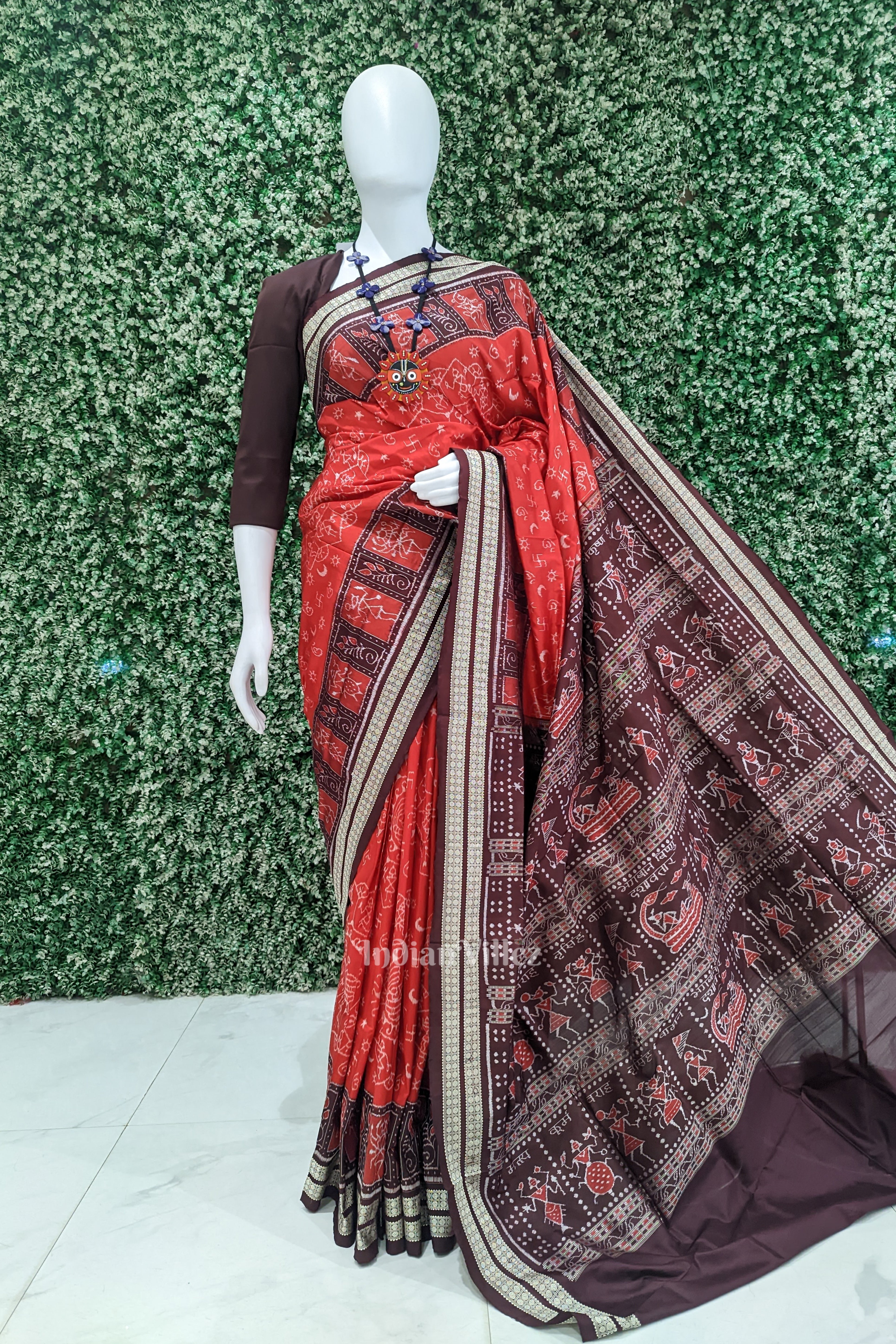 IndianVillèz Red Odisha State Award Winning Dasaabatar Theme Sambalpuri Silk Saree