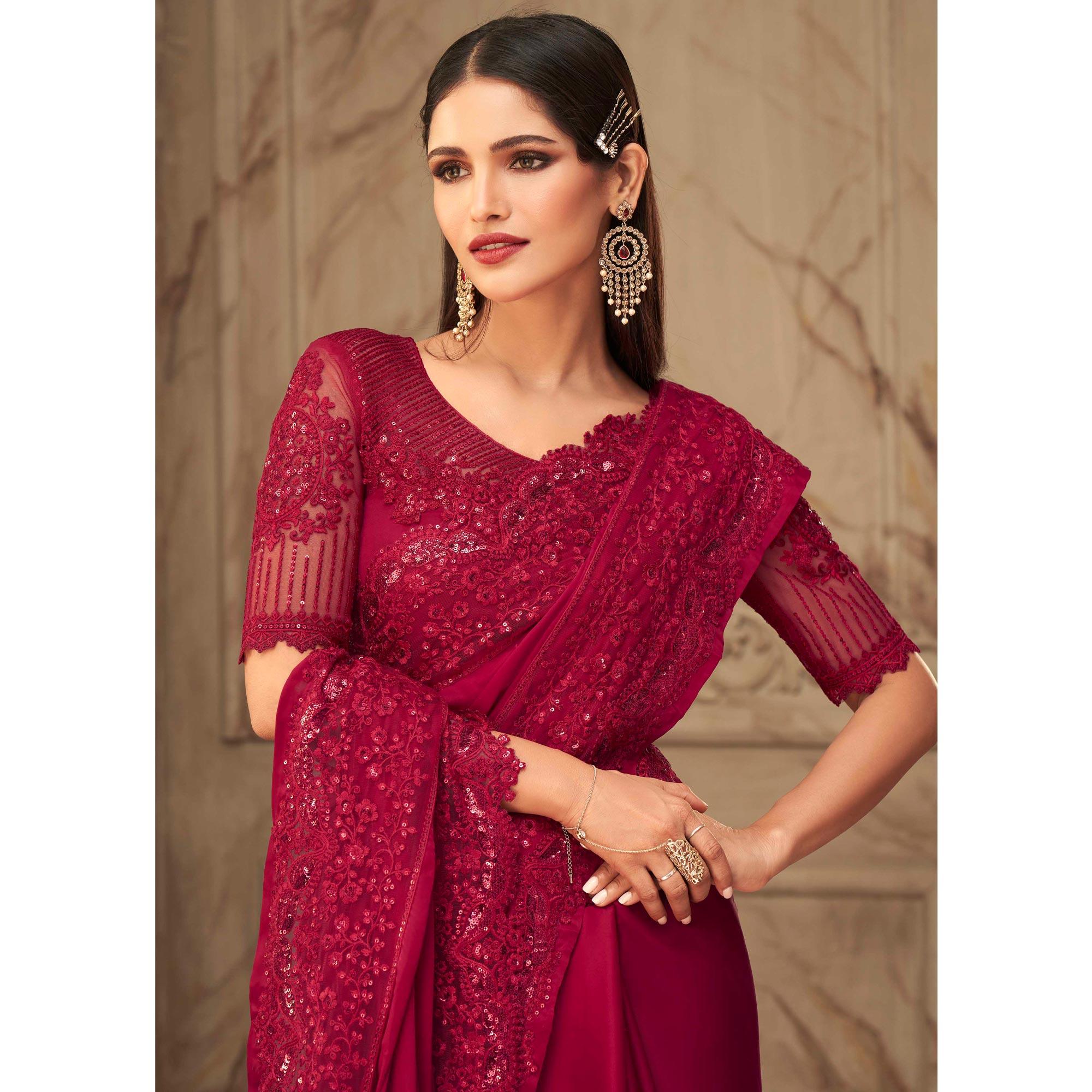 Peachmode Maroon Partywear Sequins Embroidered Silk Saree - view 4
