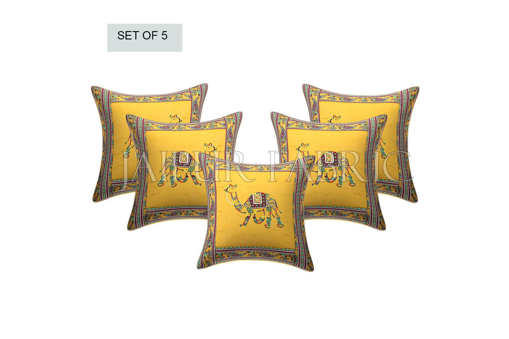 Patchwork applique cushion – JaipurFabric® New Mustard Camel Design Patchwork & Applique Cushion Cover