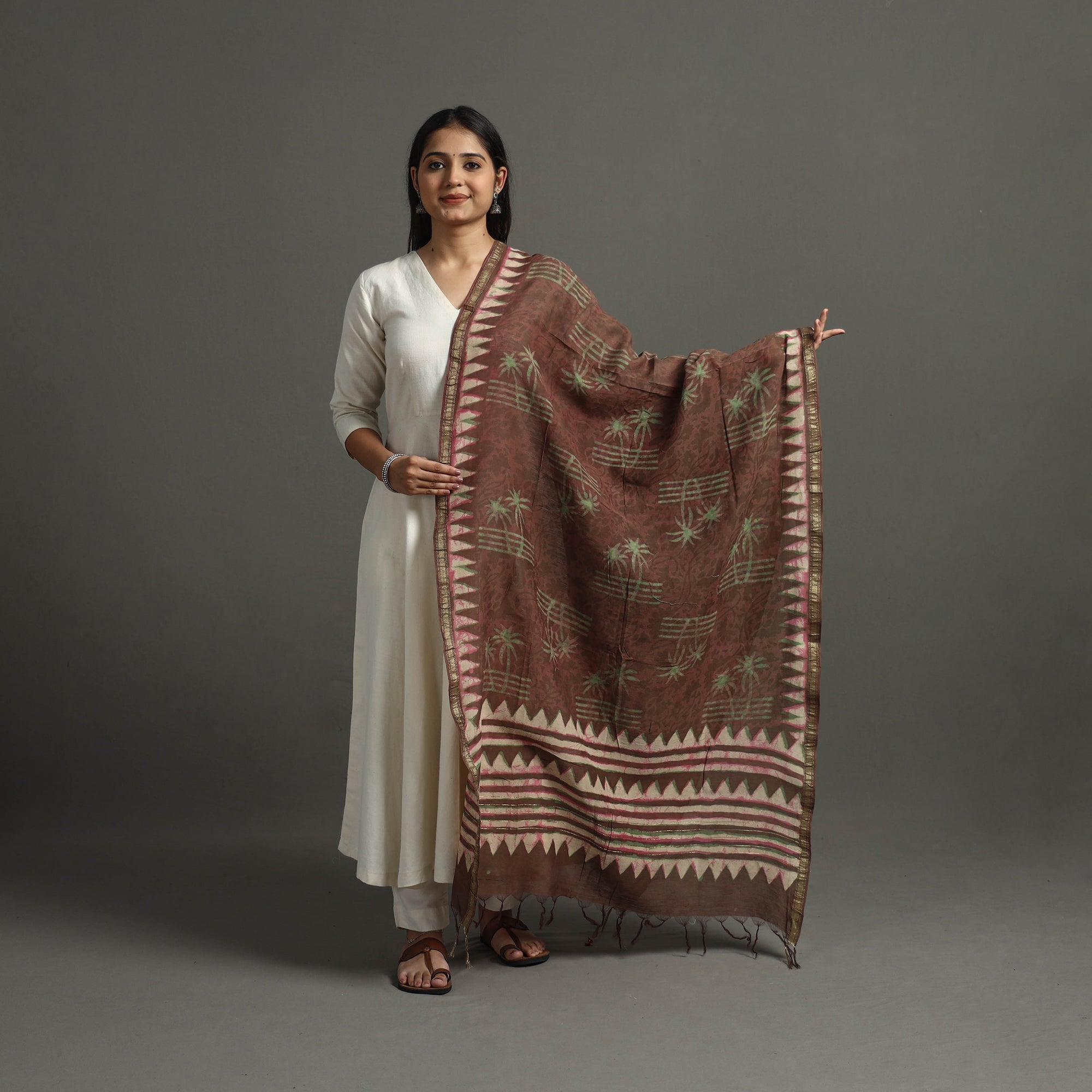 BAGRU DABU PRINTS Brown - Block Printed Chanderi Silk Bagru Dupatta 16