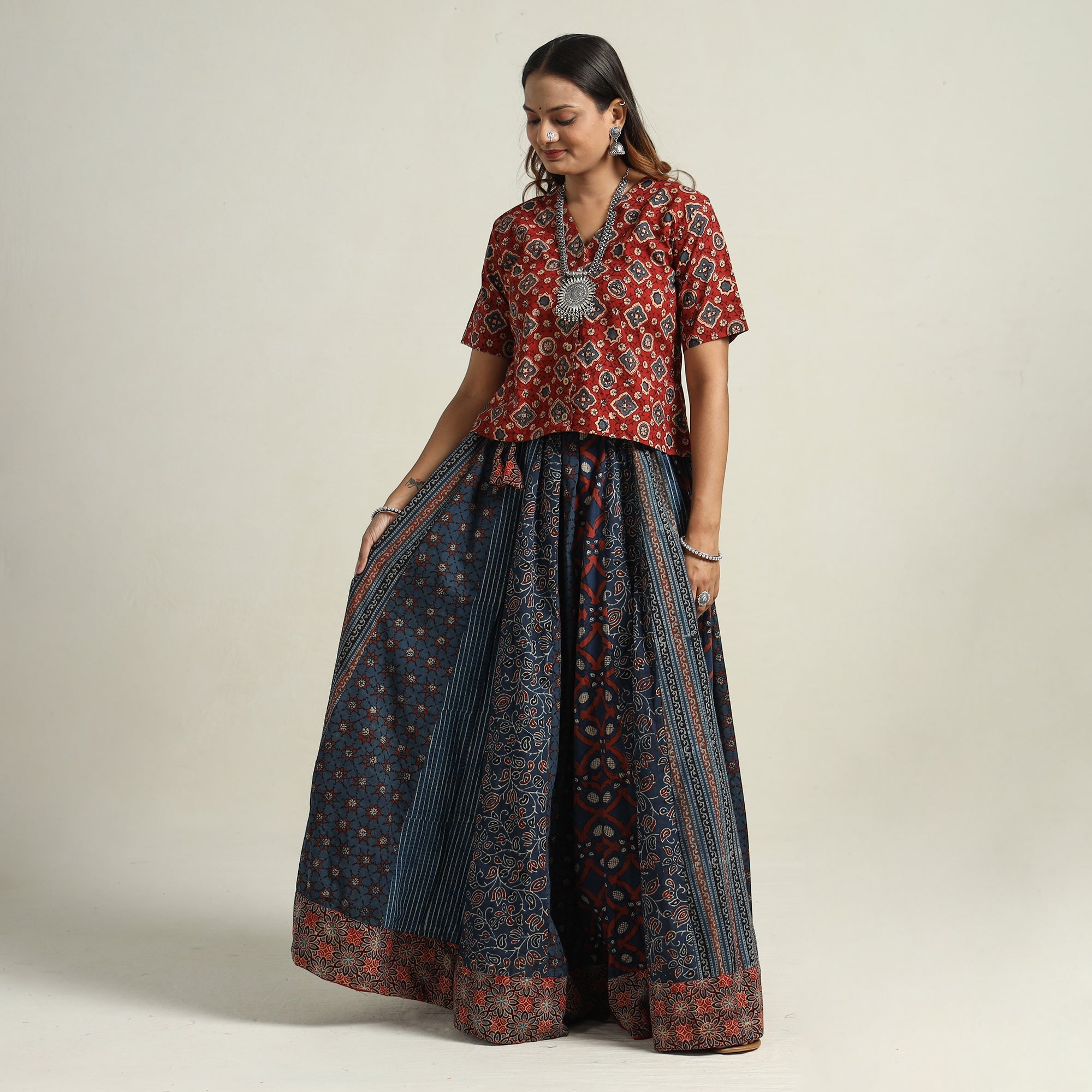 NOORI BAZAR Blue - Ajrakh Block Printed 24 Kali Patchwork Cotton Long Skirt 35 - view 2