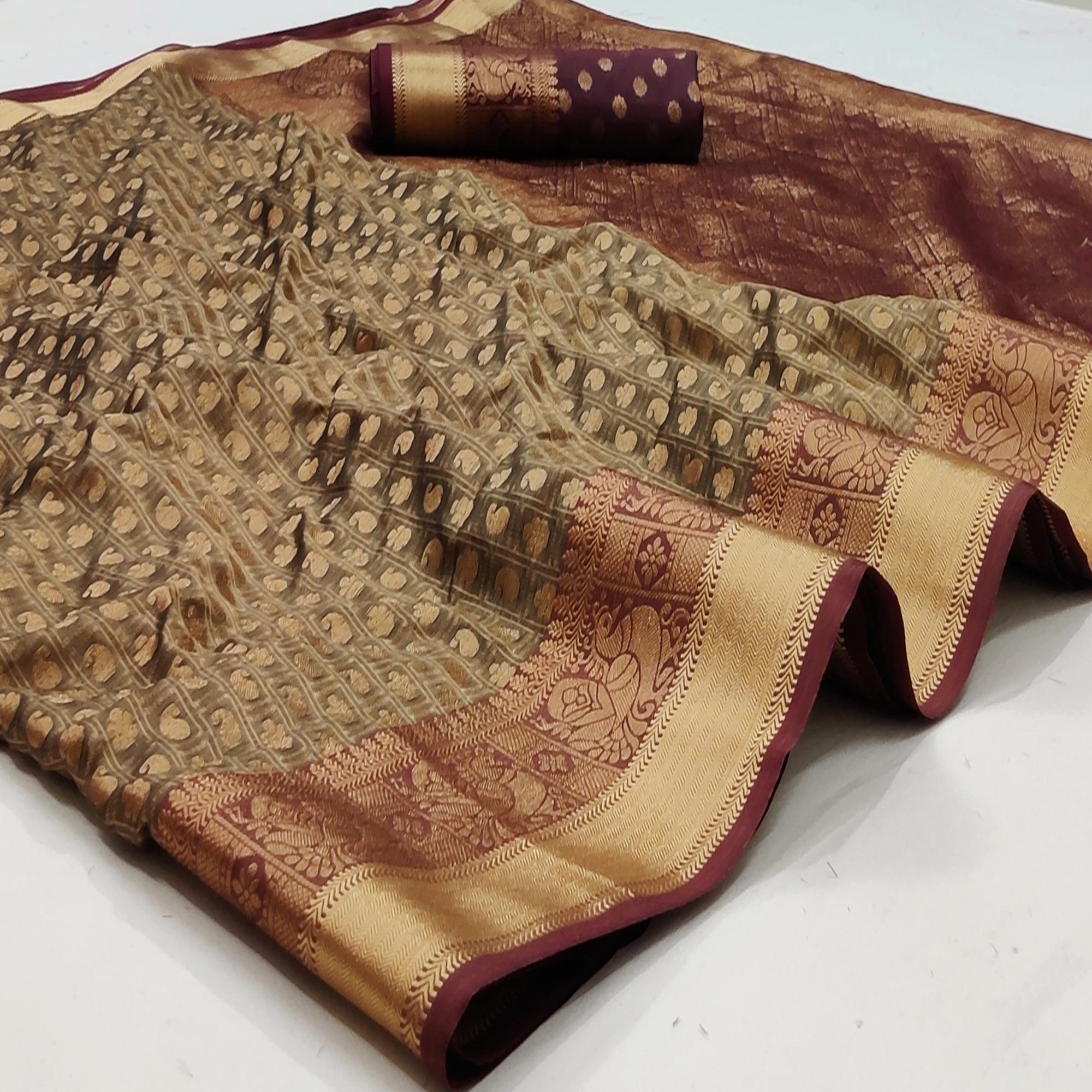 Peachmode Chikoo Festive Wear Woven Silk Saree With Jacquard Border