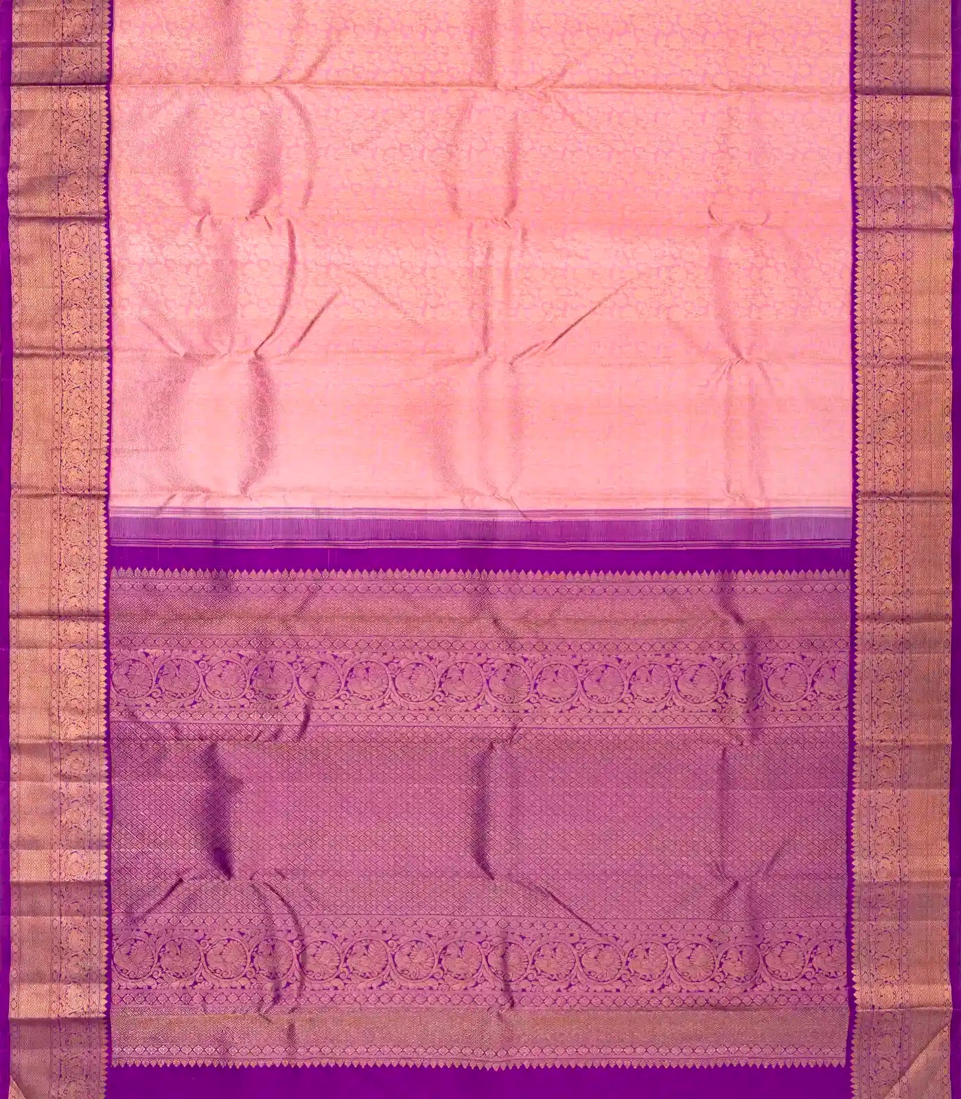 RmKV Baby Pink Handloom Kanchipuram Korvai Silk Saree With Floral Vine Motifs - view 2
