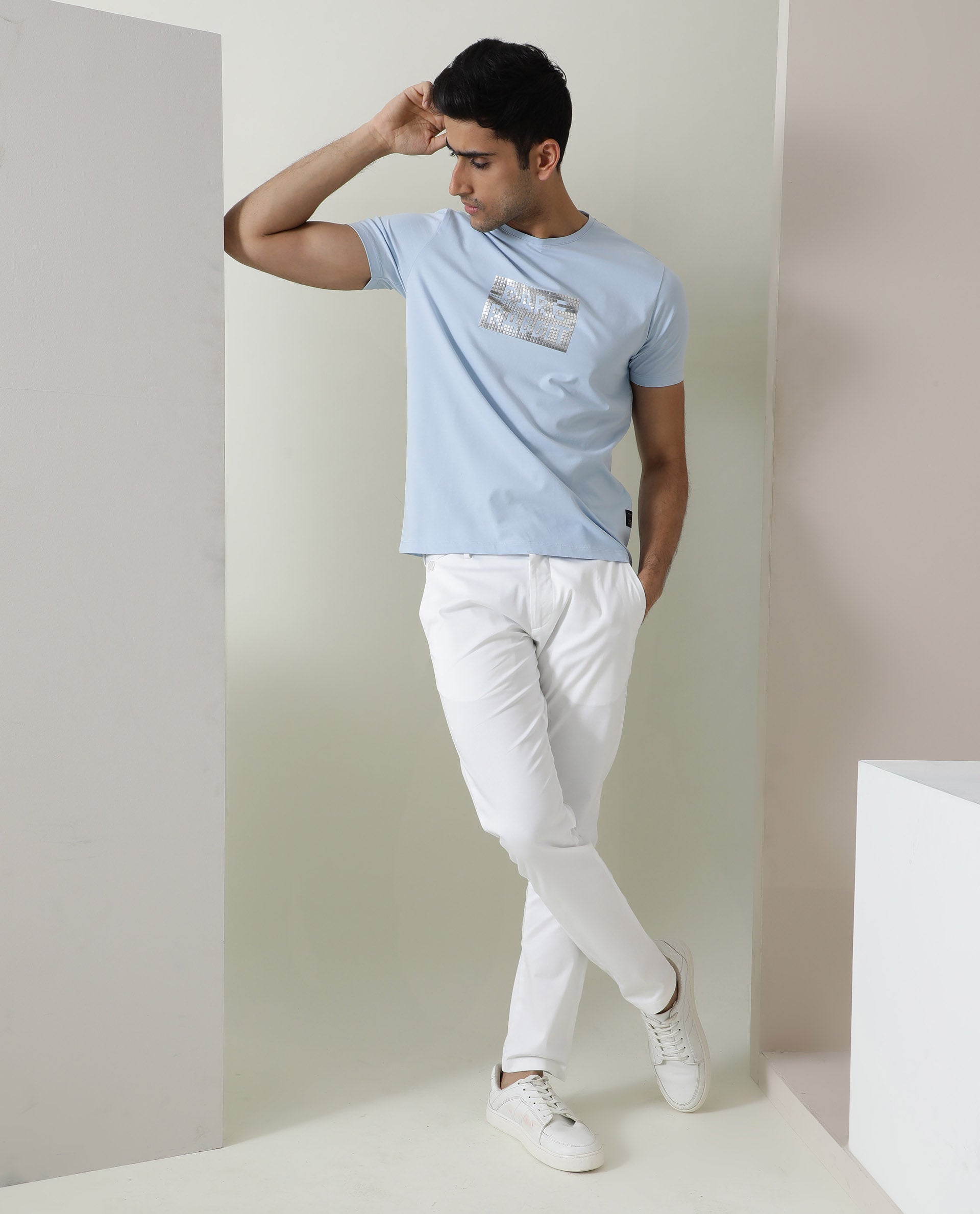 Rare Rabbit Men's Seal Pastel Blue Cotton Lycra Fabric Crew Neck Half Sleeves Regular Fit Foil HD Print T-Shirt - view 4