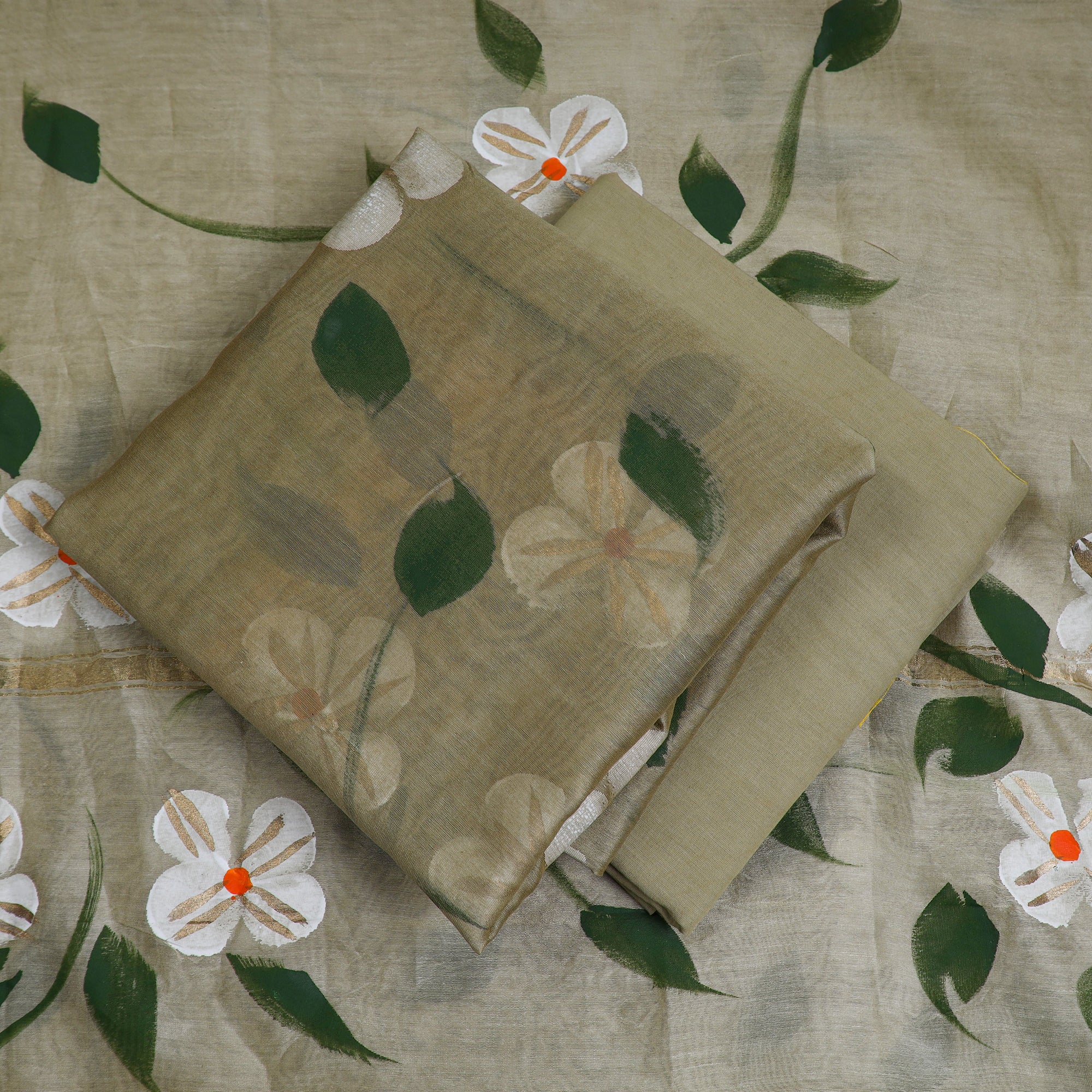 KUSUMLATA Beige - 3pc Hand Painted Chanderi Silk Suit Material Set 09 - view 2