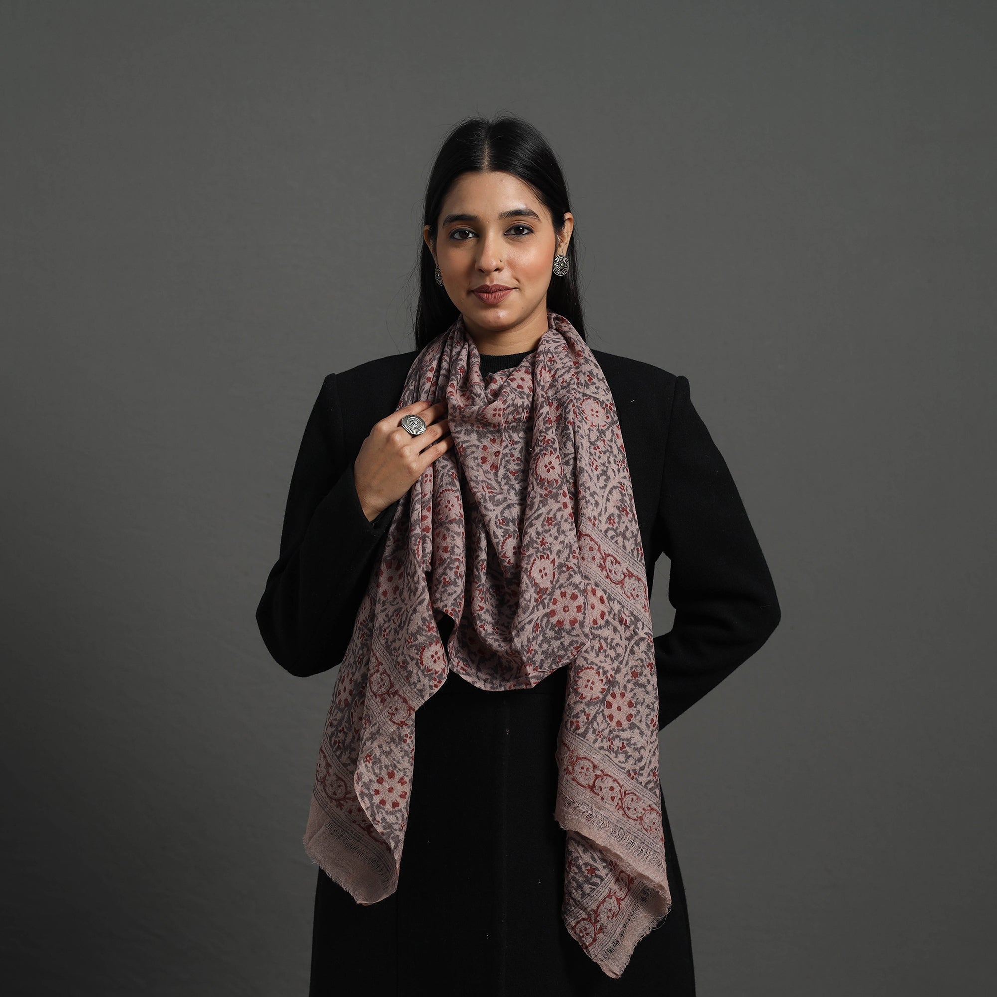 PITCHUKA SRINIVAS KALAMKARI PEDANA Black - Block Print Pedana Kalamkari Wool Stole 07
