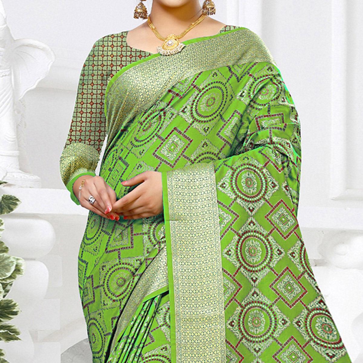 Peachmode Majesty Light Green Colored Festive Wear Woven Silk Saree - view 2