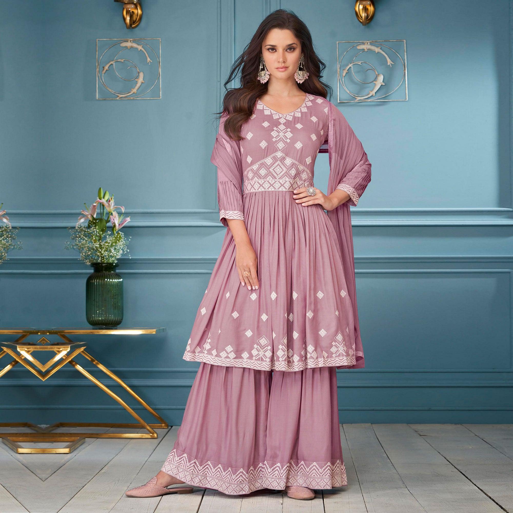 Peachmode Seller Mauve Embroidered Rayon Sharara Suit - view 3