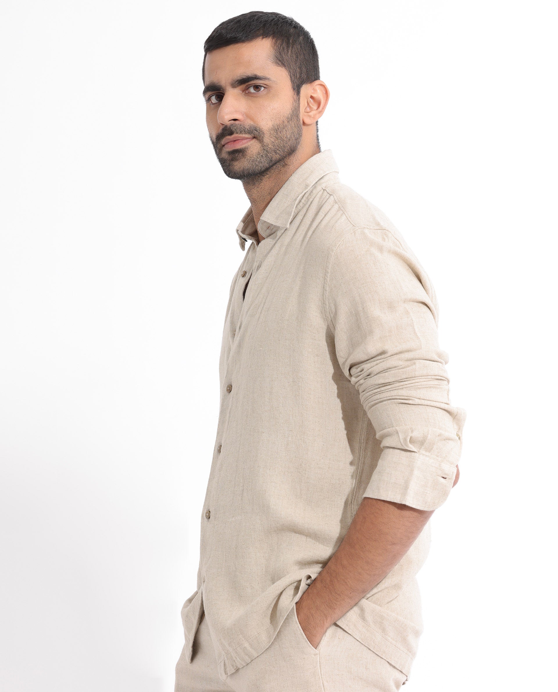Rare Rabbit Men's Lunet Beige Linen Full Sleeves Solid Shirt - view 3