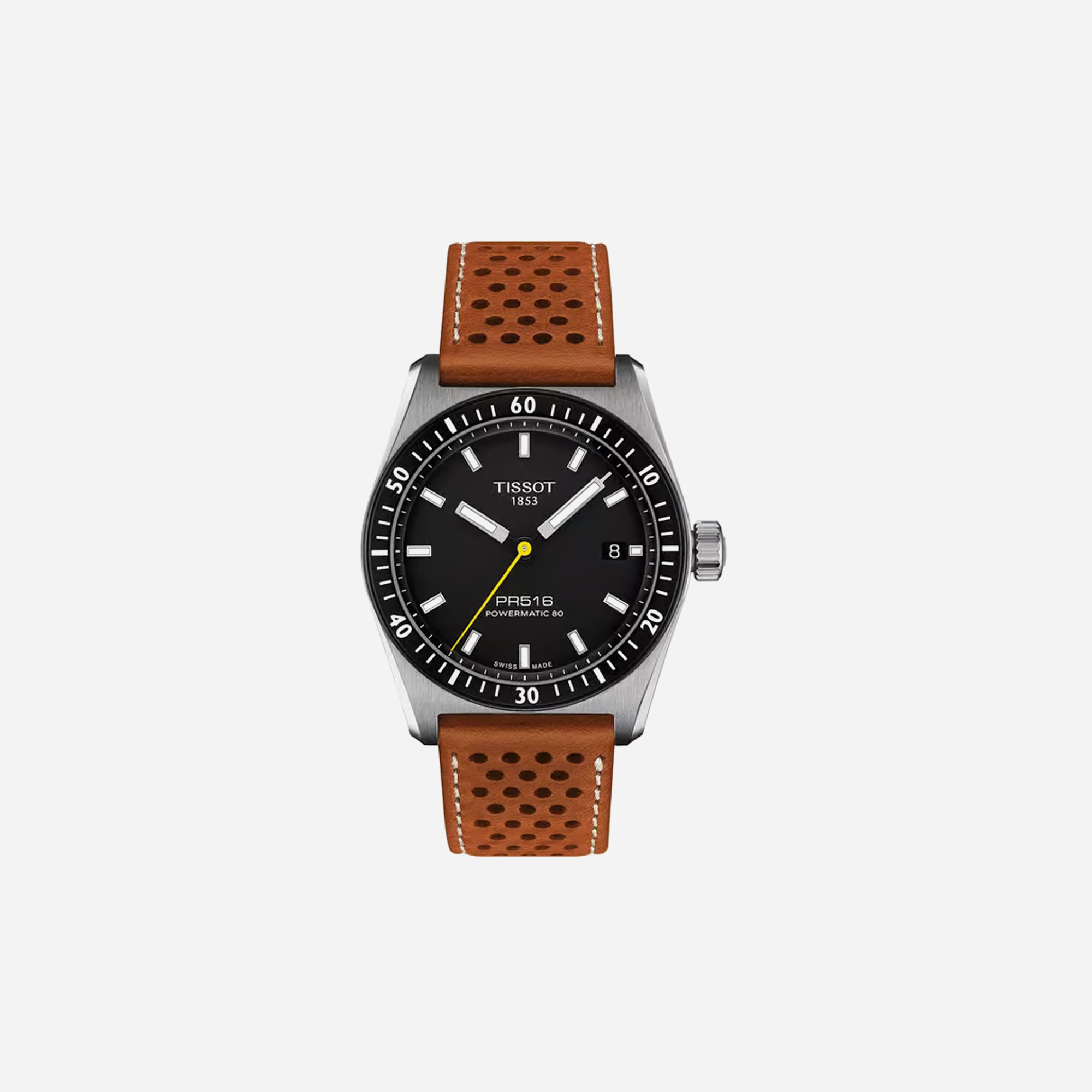 Tissot PR516 Powermatic 80 Black Dial 40mm Light Brown Leather Strap Automatic Watch