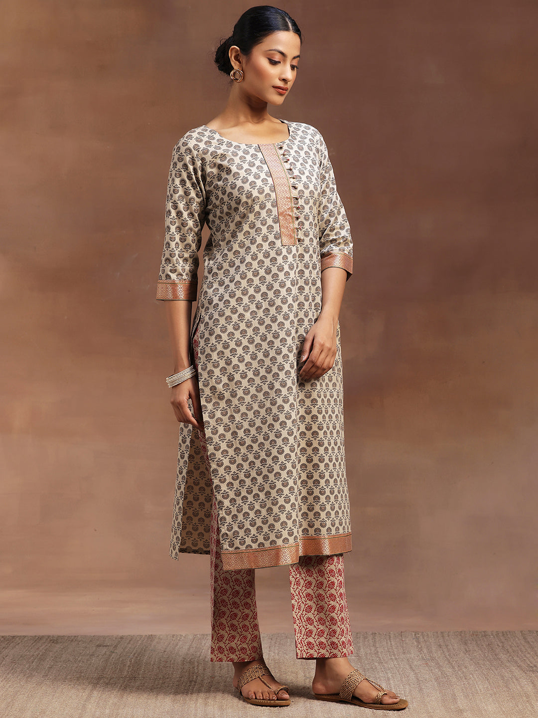 Libas Beige Printed Cotton Straight Suit With Dupatta - view 2