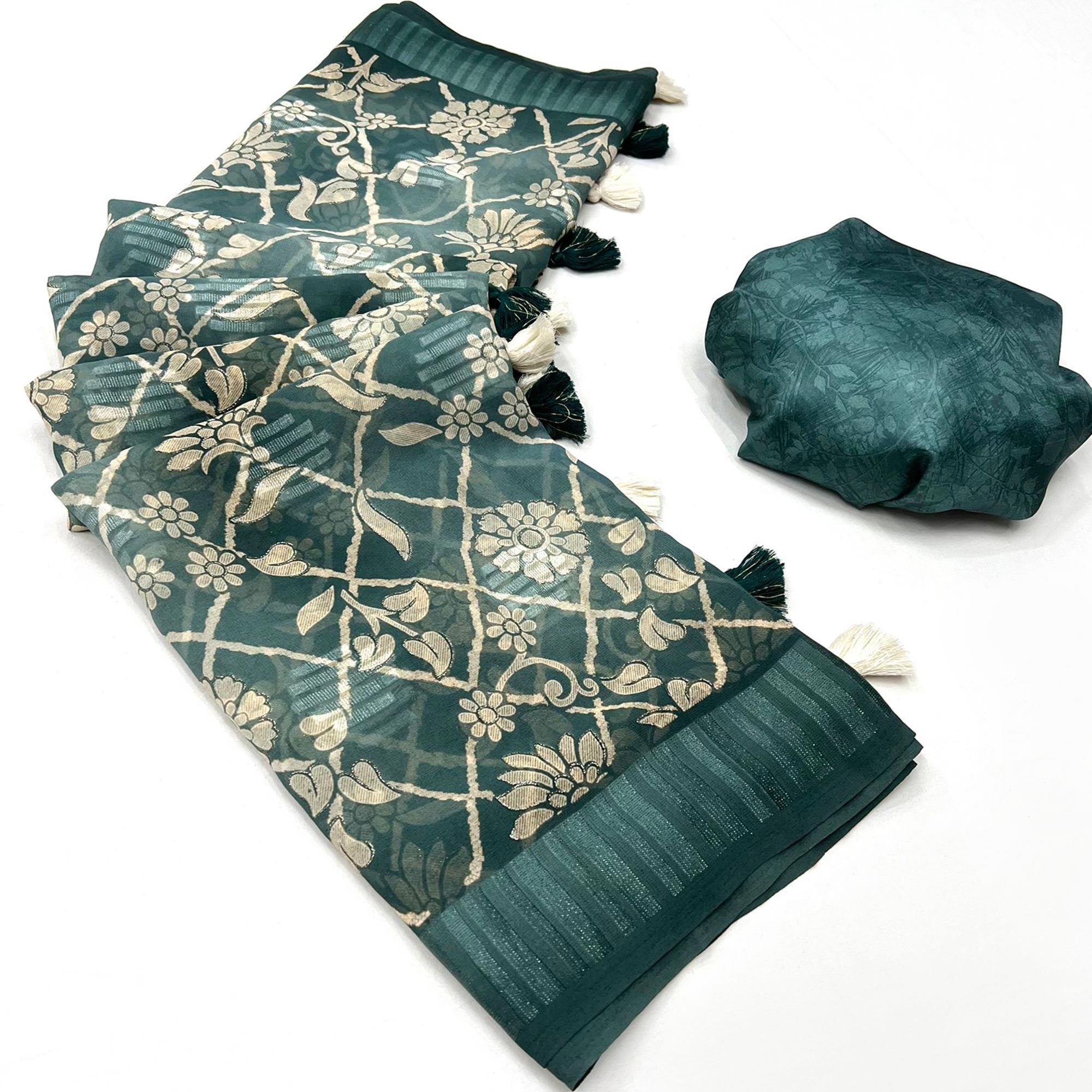 Peachmode Deep Sea Green Floral Foil Printed Georgette Saree With Tassels - view 3