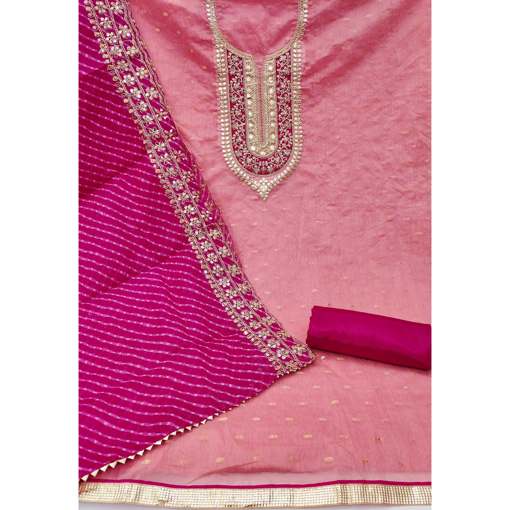 Peachmode Pink Woven With Sequins Embroidered Modal Chanderi Silk Dress Material - view 3