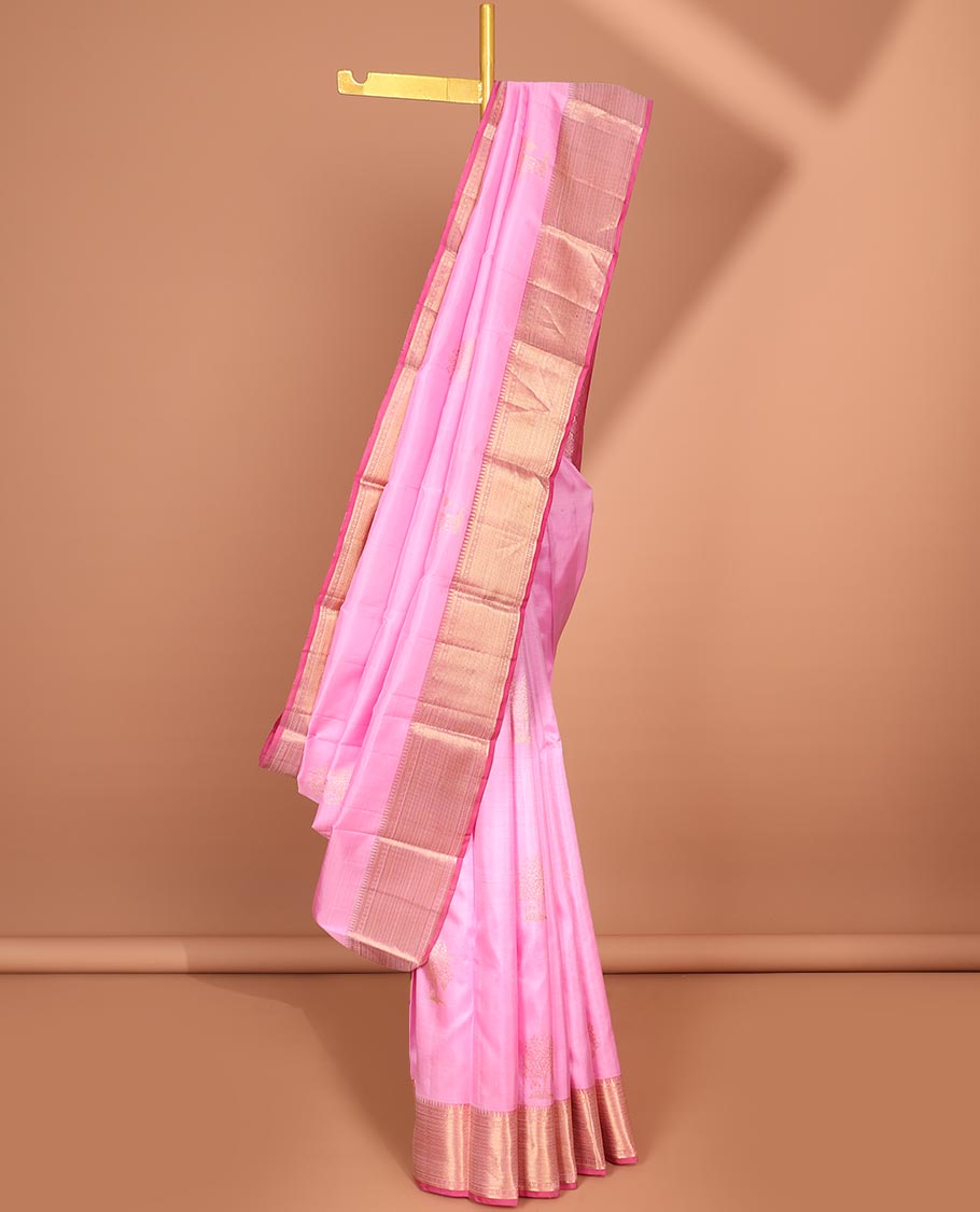 Pothys Pink zari buttas silk saree, contrast border of traditional designs & jaal pallu