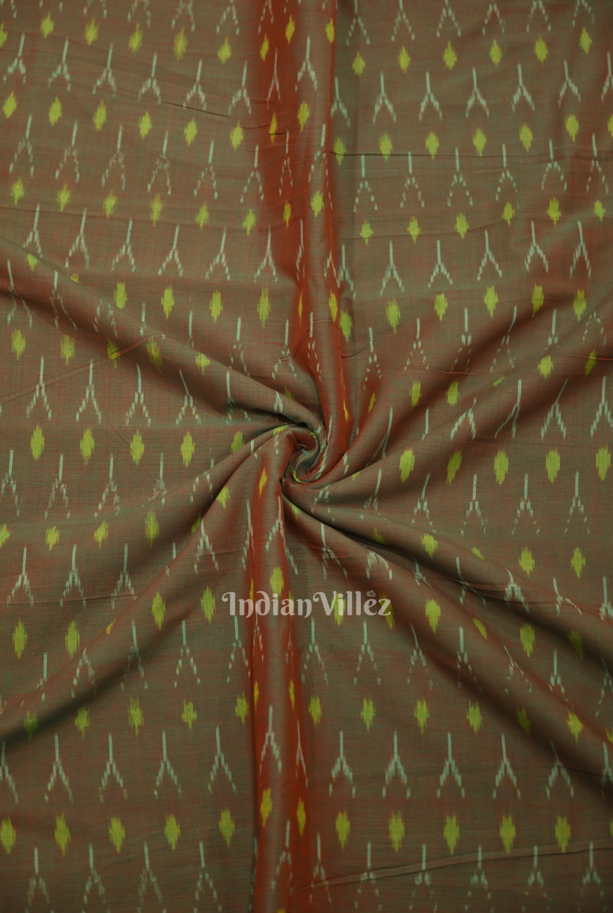 IndianVillèz Moss Green Dual Tone Geometric Handwoven Pochampally Ikat Cotton Fabric