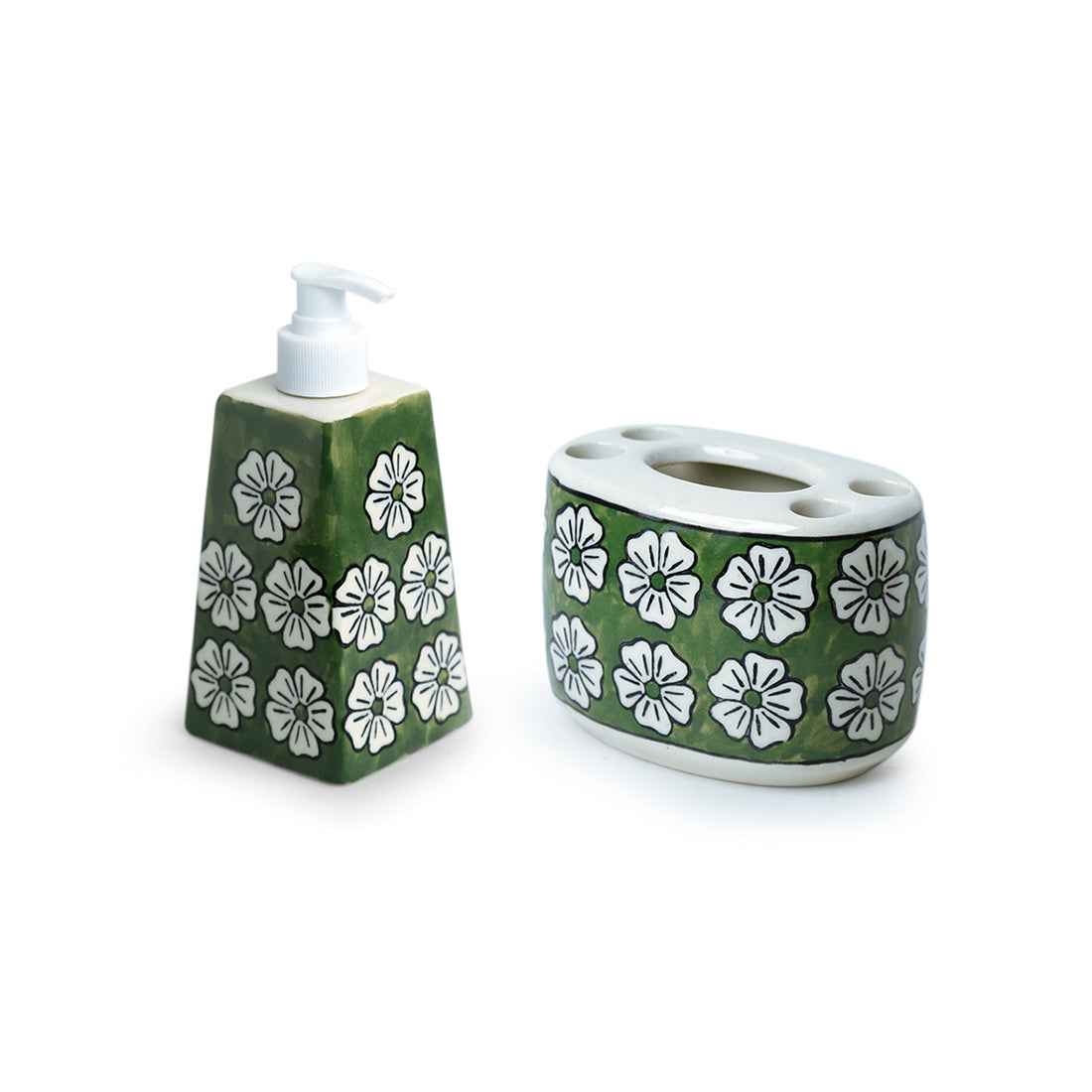 EXCLUSIVELANE 'Jade Mogra' Handpainted Bathroom Accessory Set In Ceramic (Liquid Soap Dispenser, Toothbrush Holder) - view 2