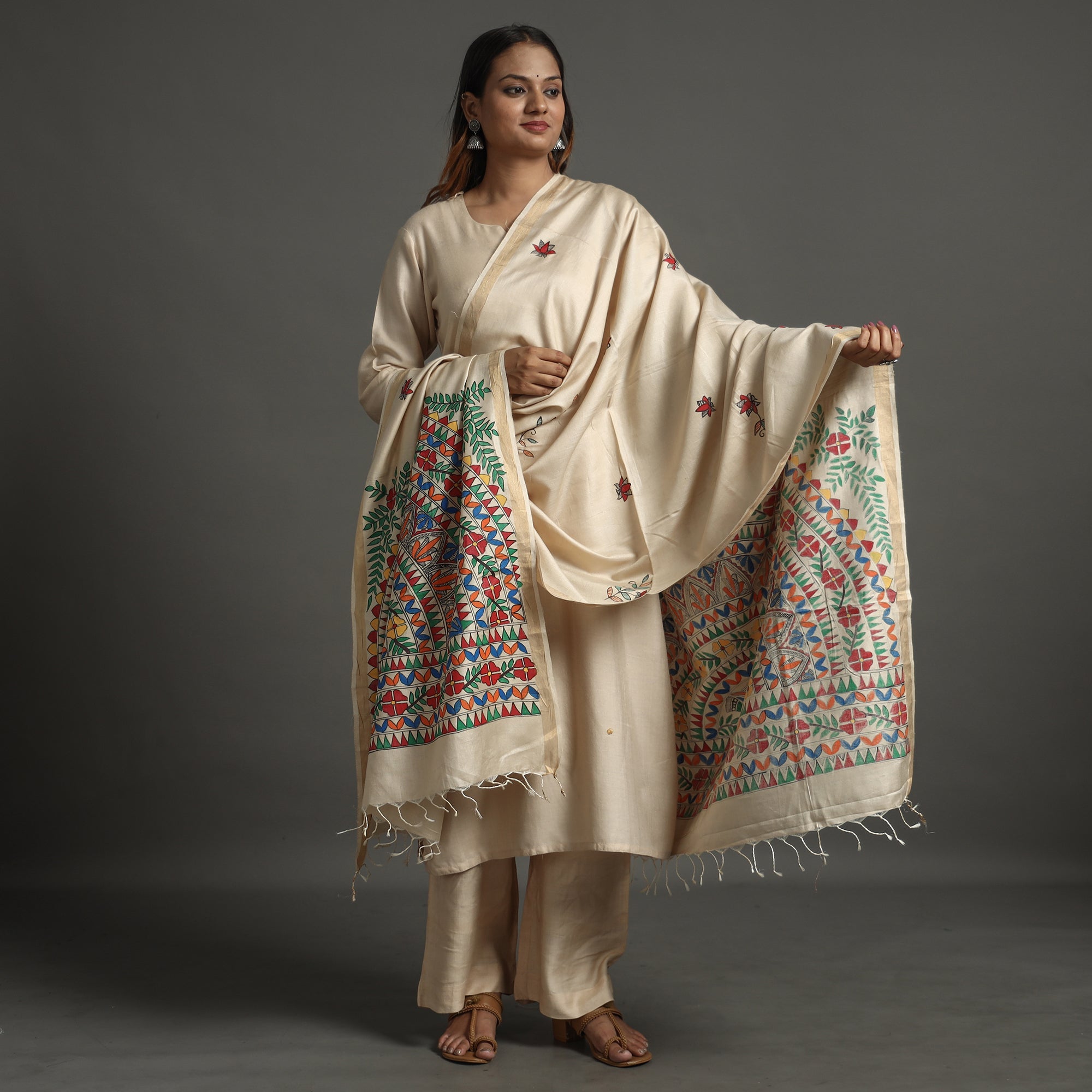ITOKRI CRAFTS INITIATIVE Beige - Madhubani Handpainted Tussar Silk Handloom Dupatta 15