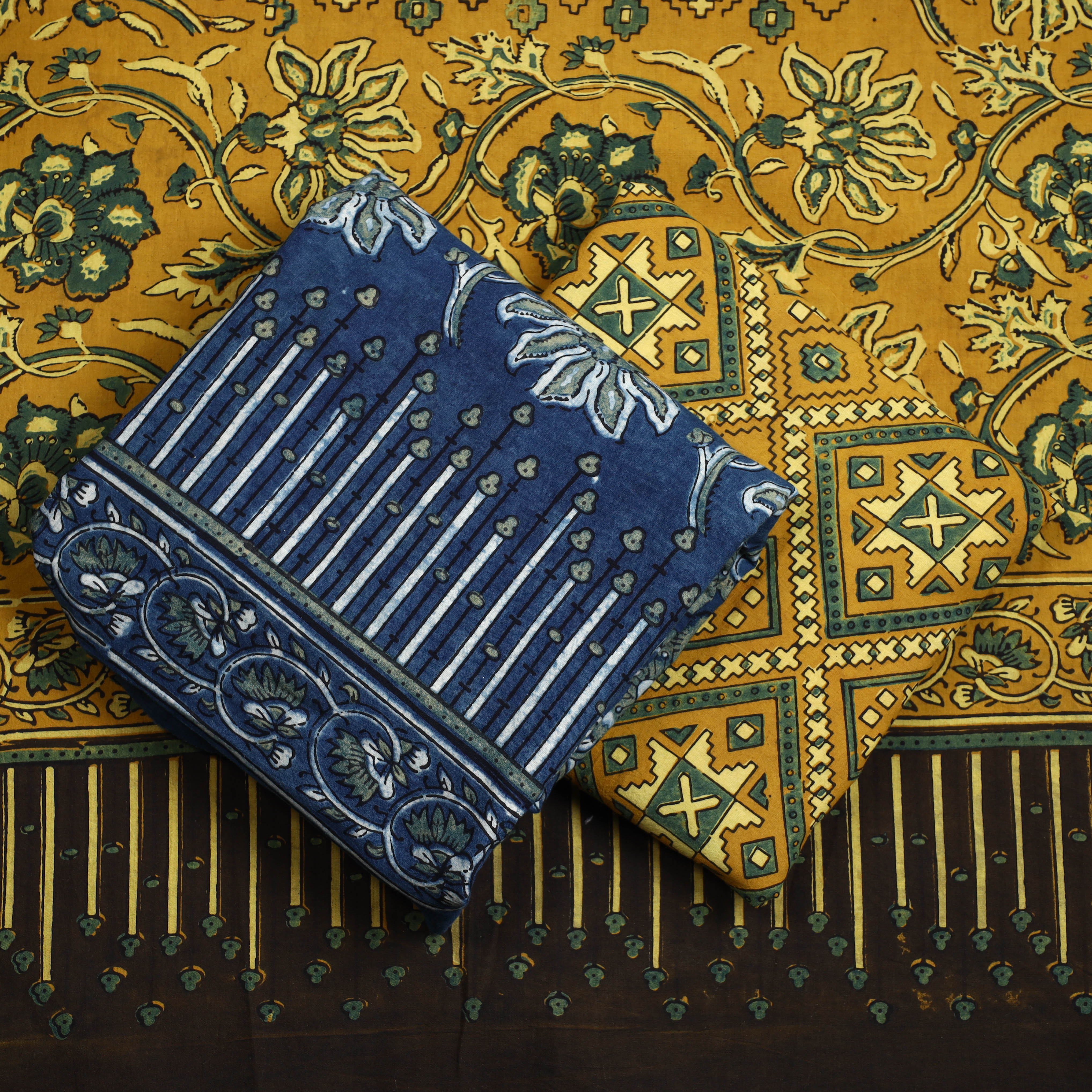 AJRAKH BY JABBAR KHATRI Blue - 3pc Ajrakh Block Printed Natural Dyed Cotton Suit Material Set 13 - view 2