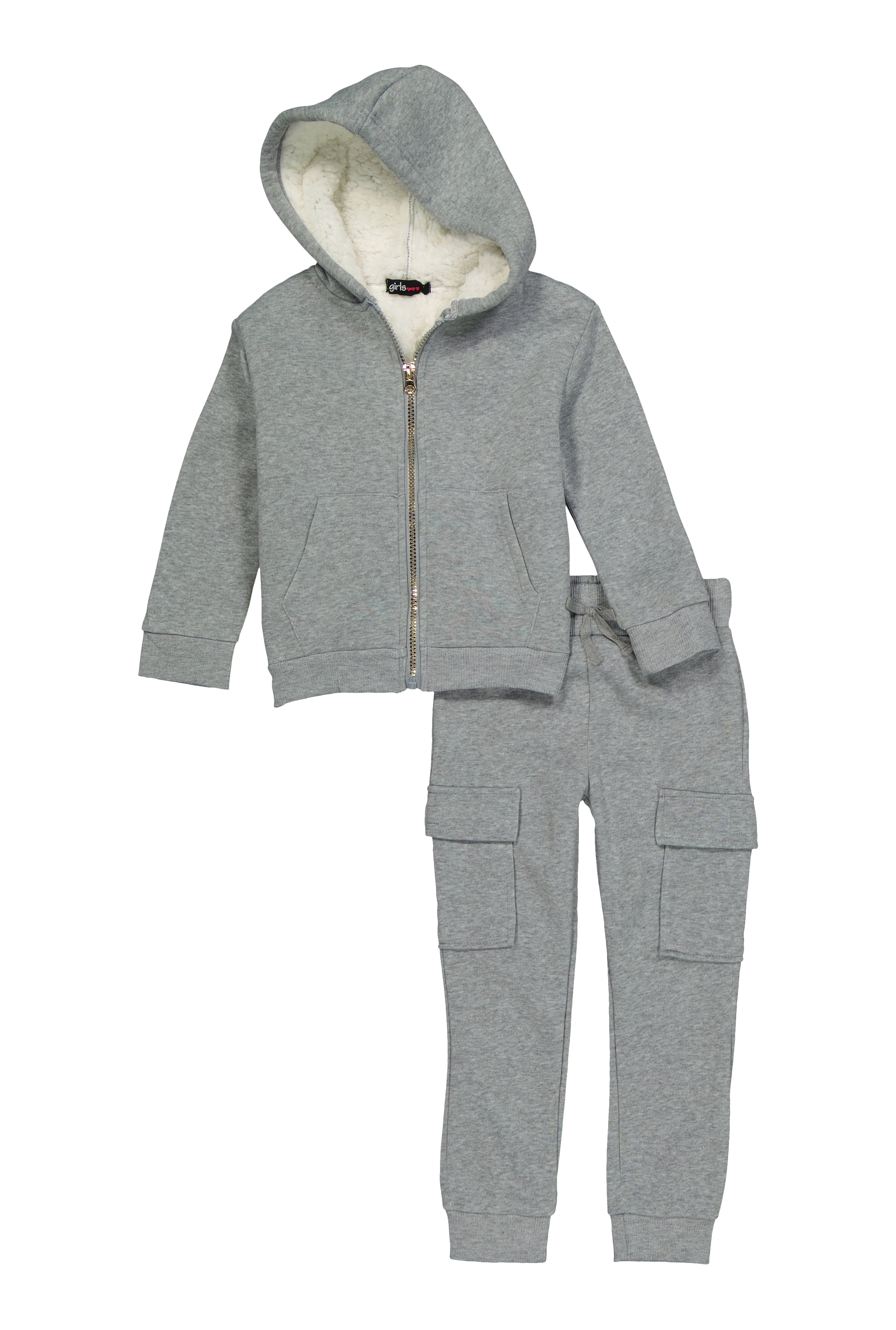 Rainbow Shops Little Girls Sherpa Lined Zip Front Hoodie and Cargo Joggers