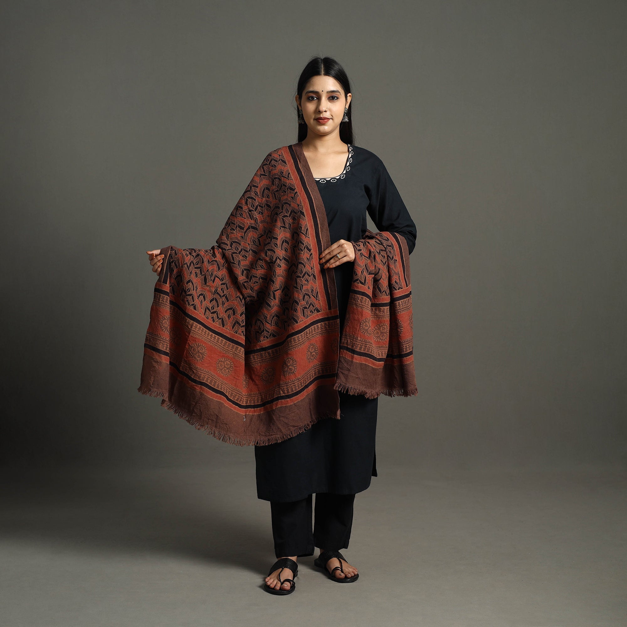 VANKAR BHIMJI KANJI Ajrakh Block Printed Handwoven Woolen Shawl 30 - view 2